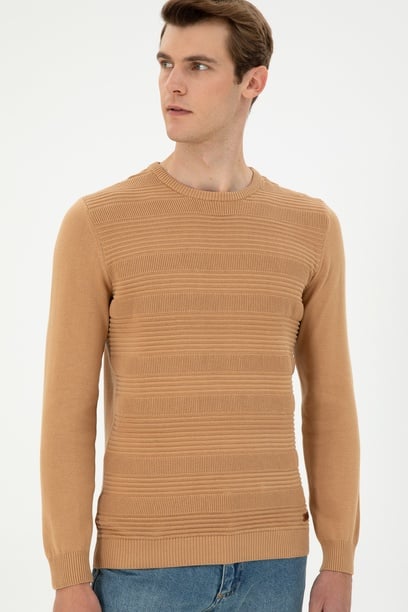Erkek Slim Fit Bisiklet Yaka Camel Kazak