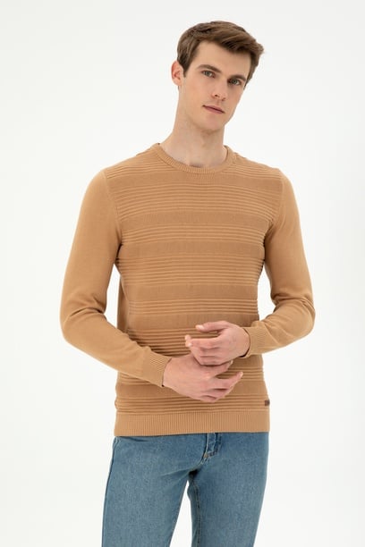 Erkek Slim Fit Bisiklet Yaka Camel Kazak