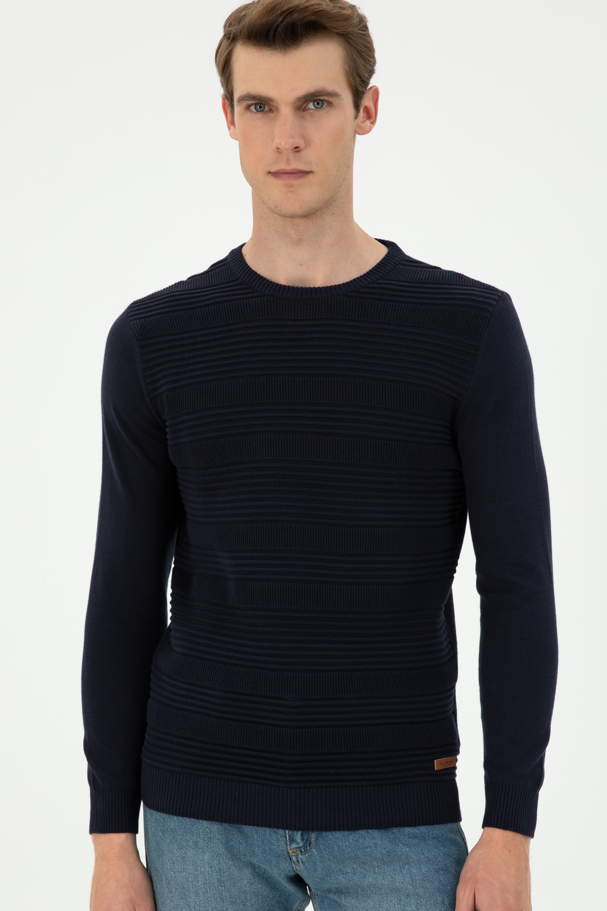 Erkek Slim Fit Bisiklet Yaka Lacivert Kazak - Image 3