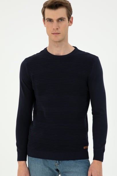 Erkek Slim Fit Bisiklet Yaka Lacivert Kazak