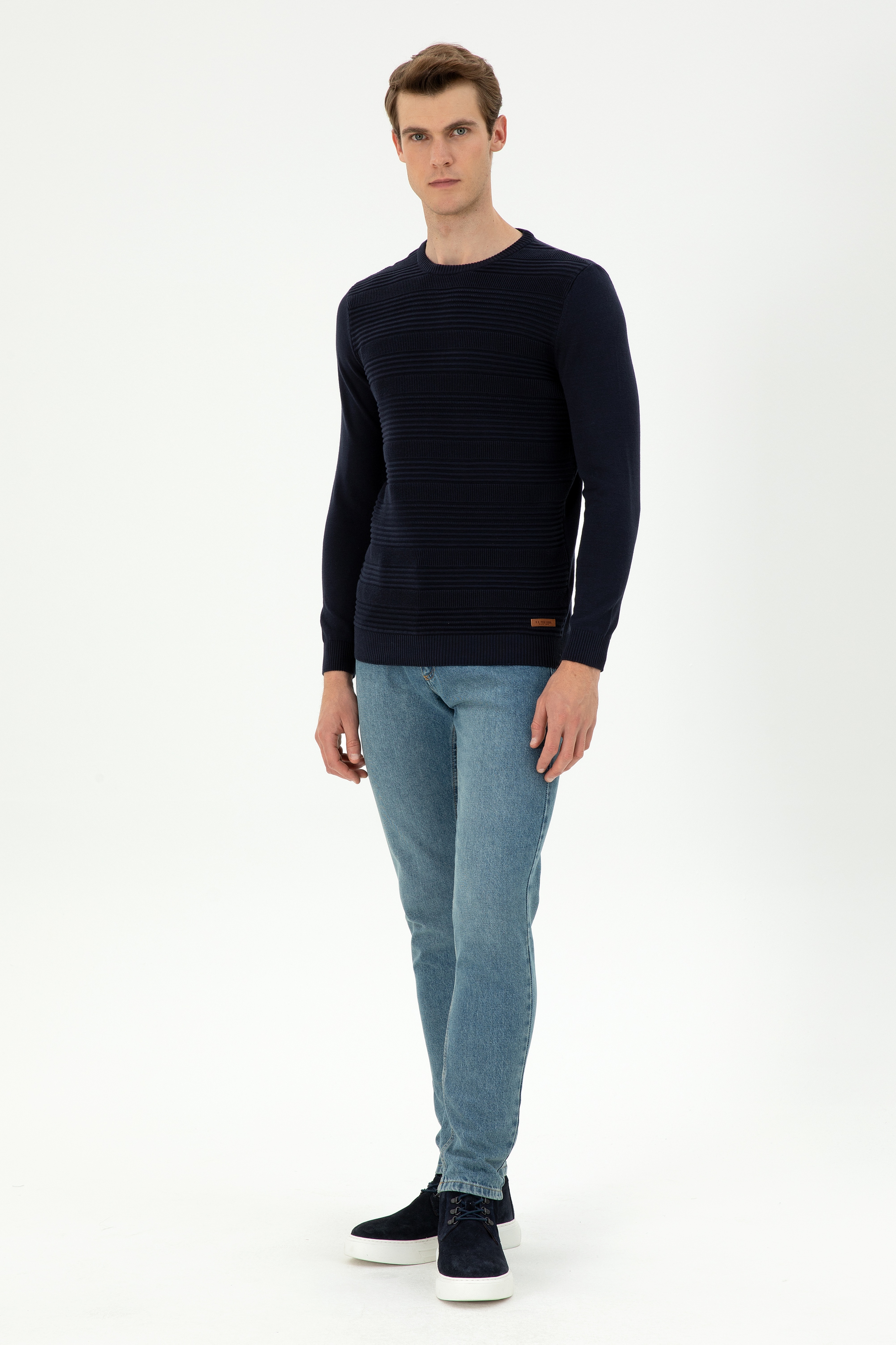 Erkek Slim Fit Bisiklet Yaka Lacivert Kazak