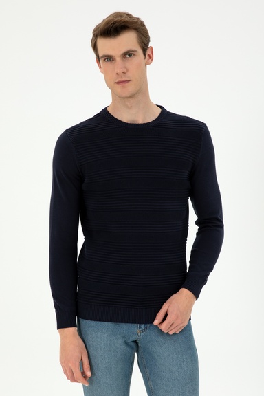 Erkek Slim Fit Bisiklet Yaka Lacivert Kazak