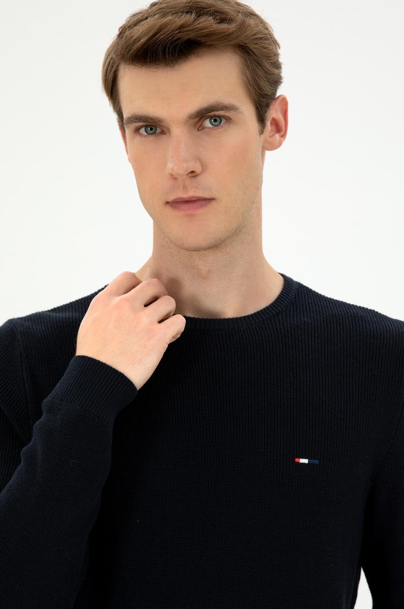 Erkek Slim Fit Bisiklet Yaka Lacivert Basic Kazak