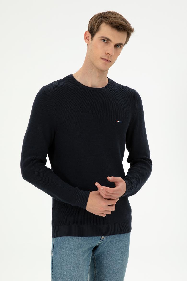 Erkek Slim Fit Bisiklet Yaka Lacivert Basic Kazak