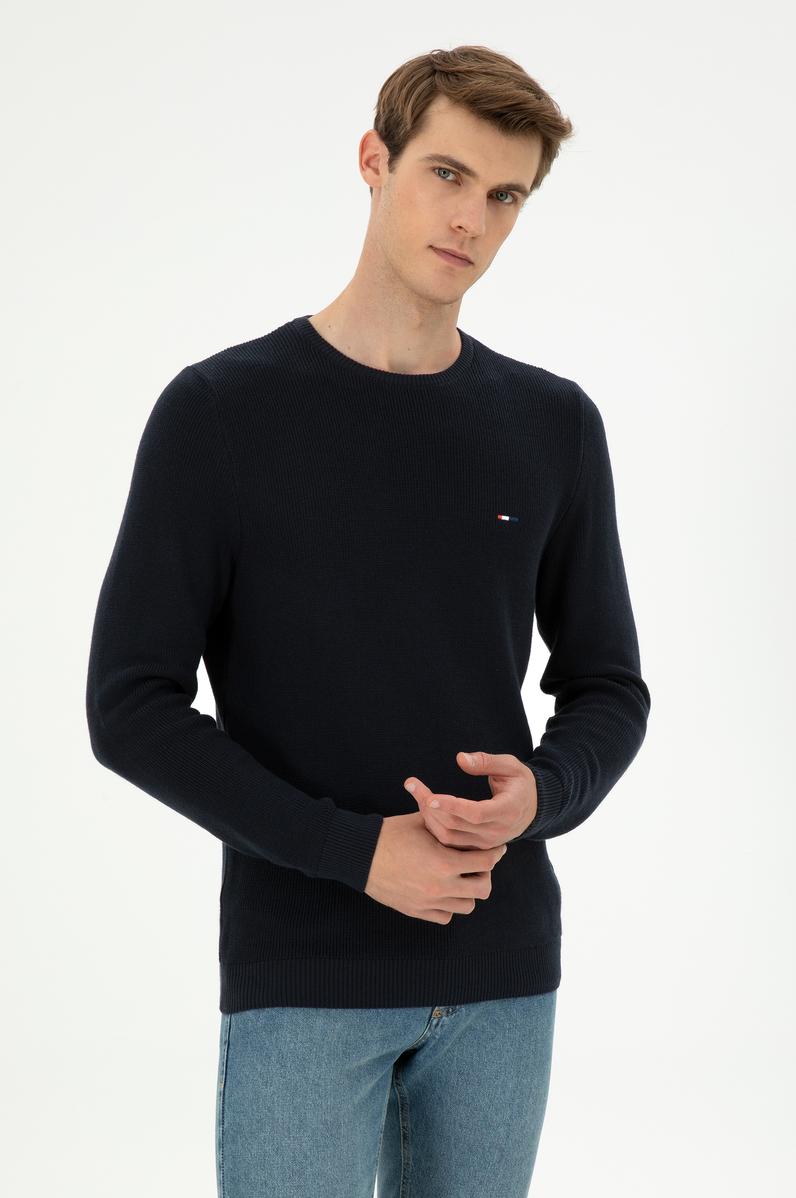 Erkek Slim Fit Bisiklet Yaka Lacivert Basic Kazak