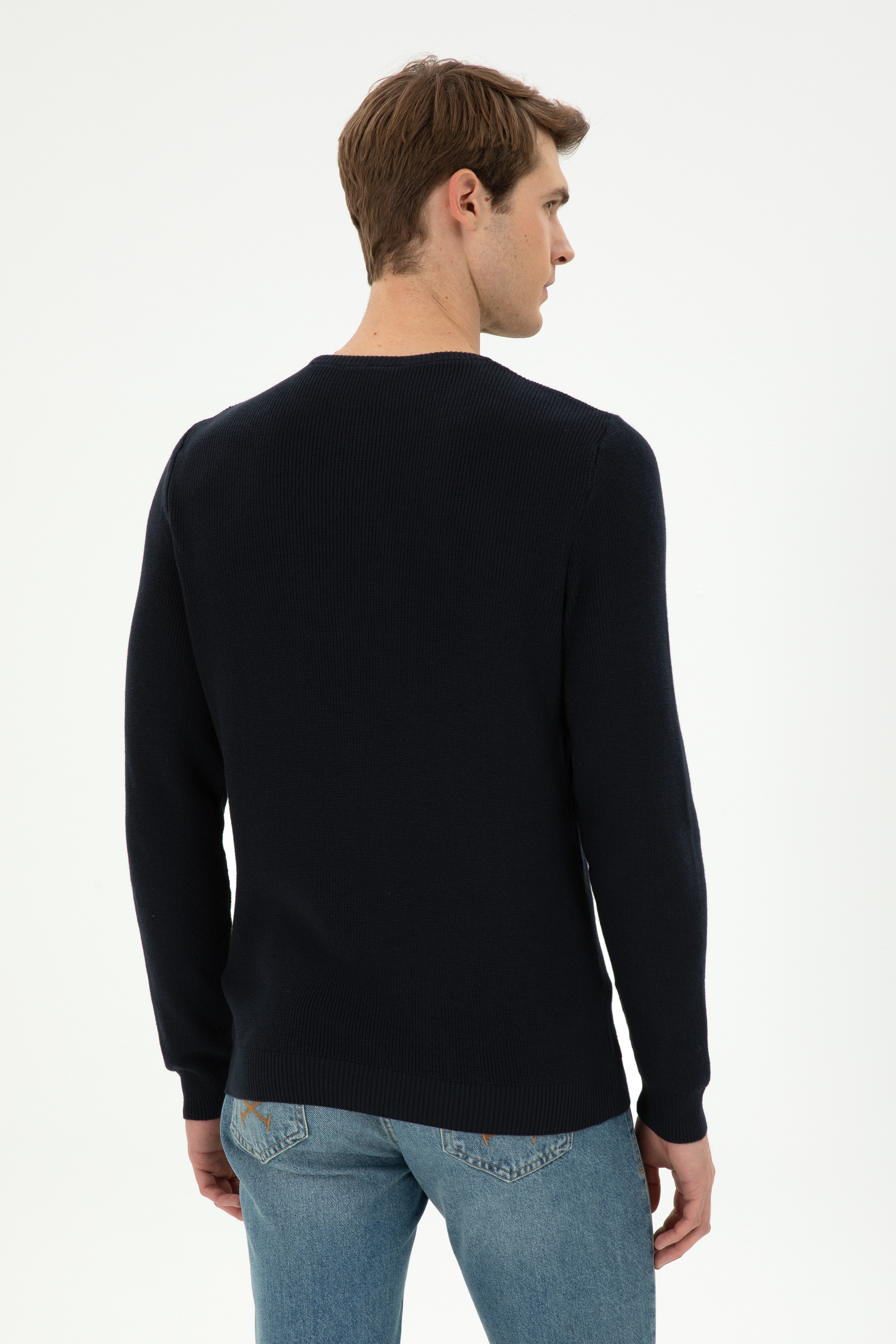 Erkek Slim Fit Bisiklet Yaka Lacivert Basic Kazak - Image 5