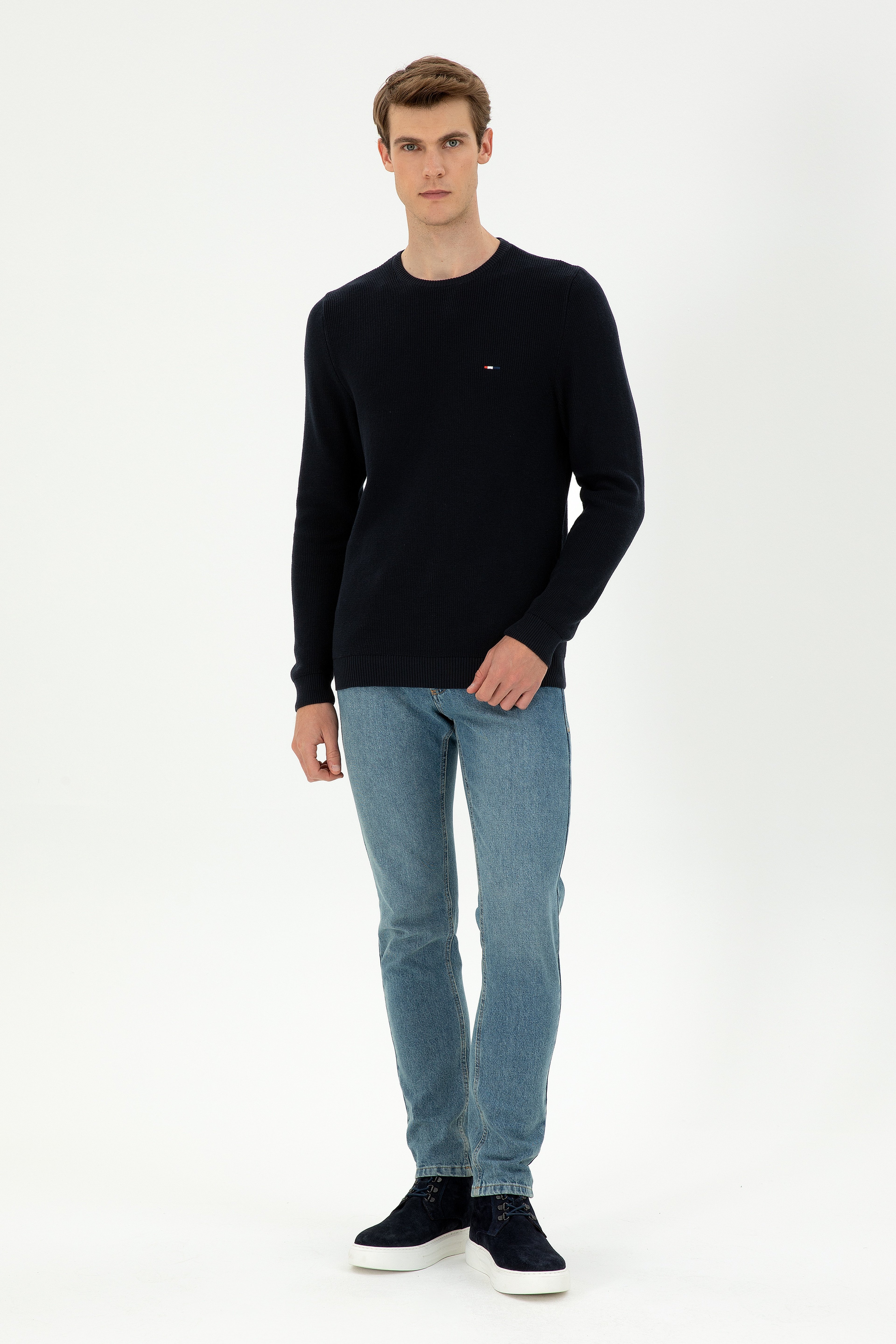 Erkek Slim Fit Bisiklet Yaka Lacivert Basic Kazak - Image 4