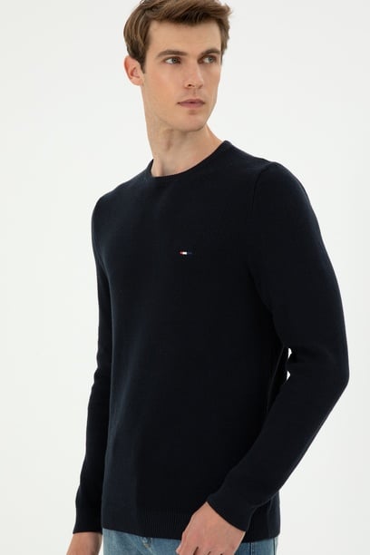 Erkek Slim Fit Bisiklet Yaka Lacivert Basic Kazak