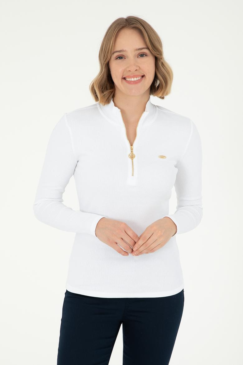 Kadın Beyaz Dik Yaka Sweatshirt