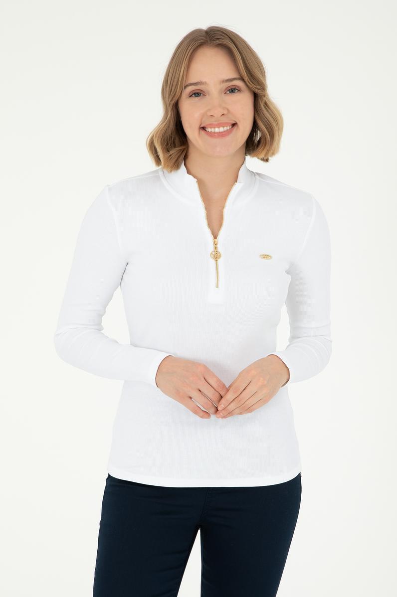 Kadın Beyaz Dik Yaka Sweatshirt