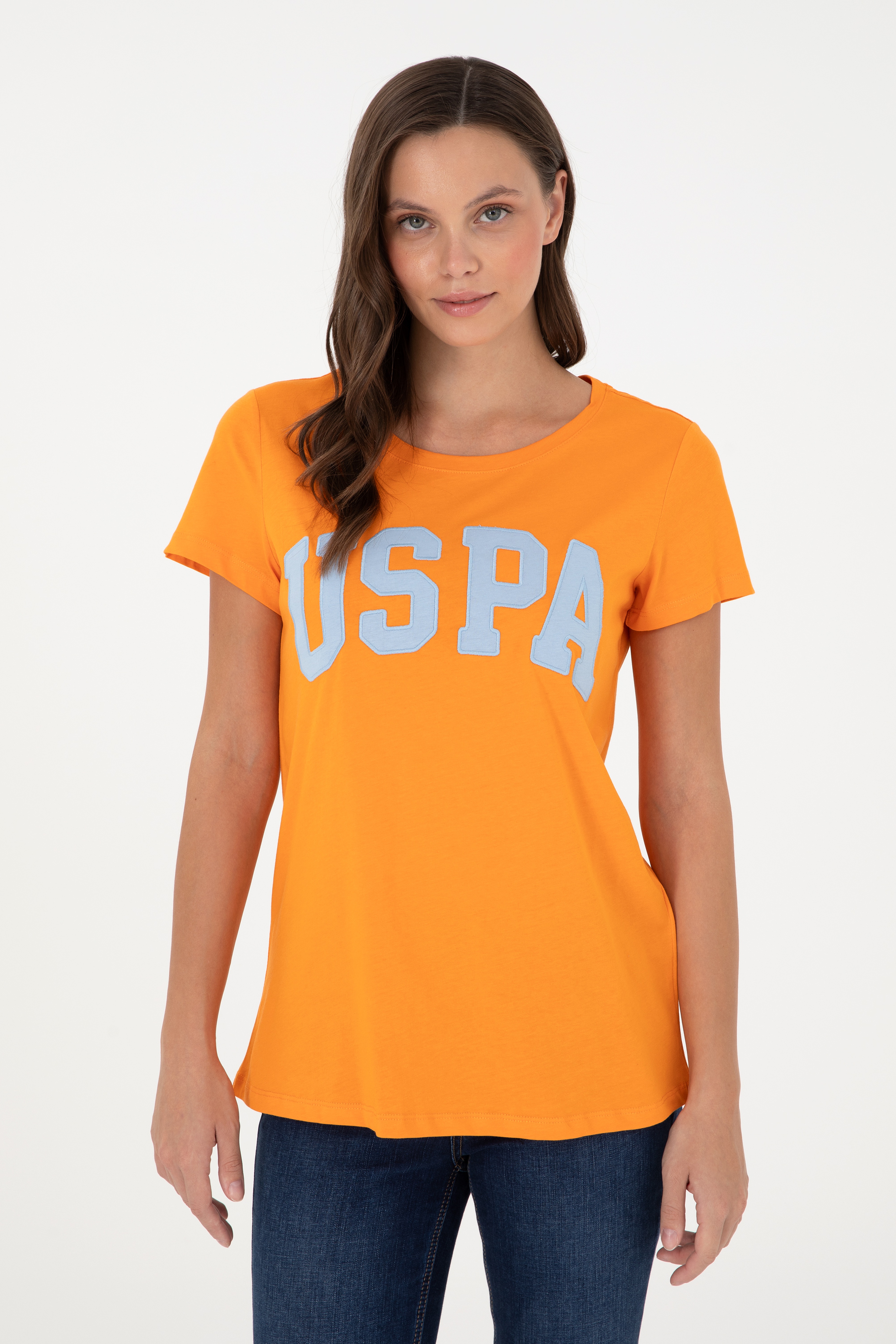 Kadın Turuncu Bisiklet Yaka Basic Tişört
