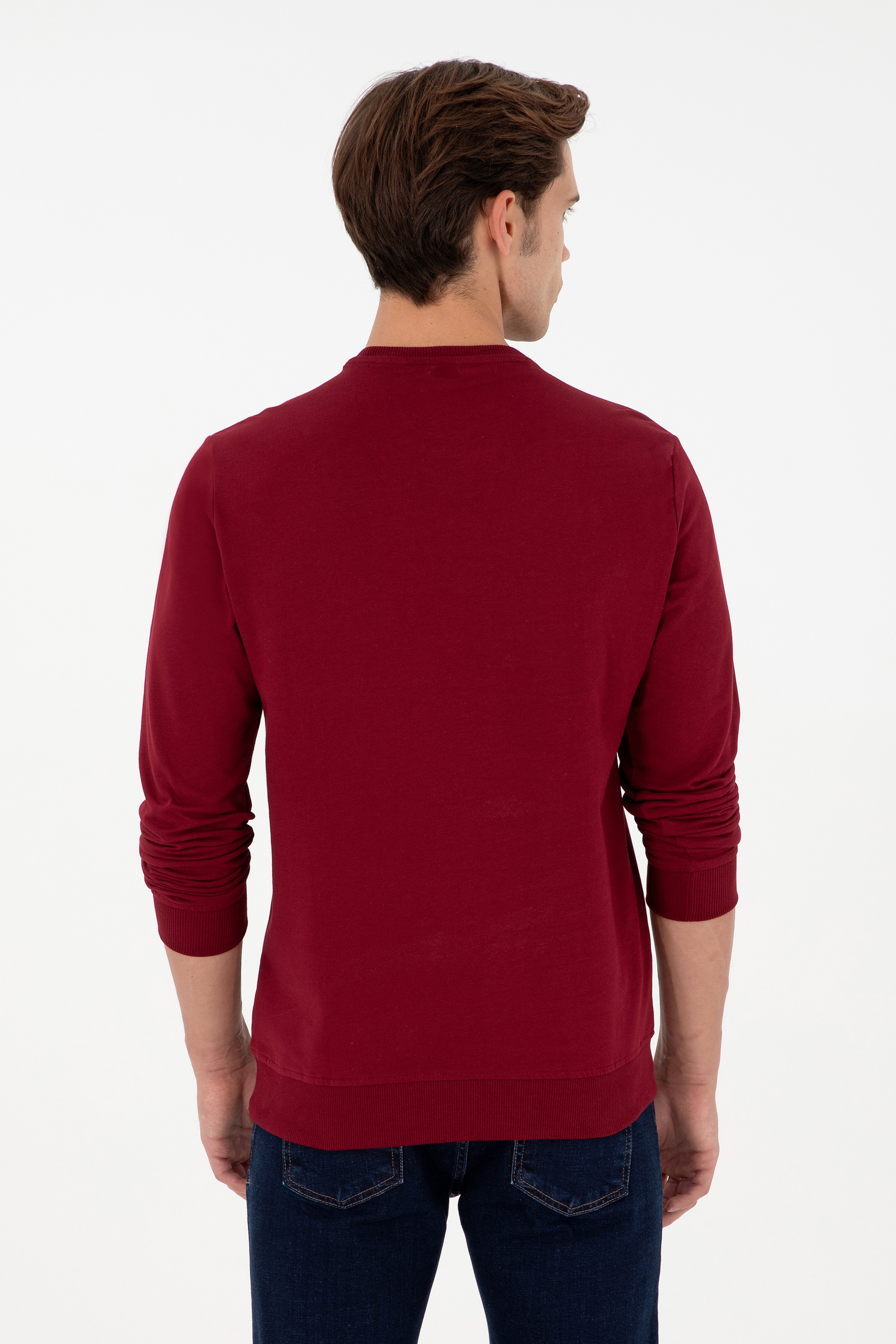 Erkek Regular Fit Bisiklet Yaka Bordo Basic Sweatshirt - Image 5