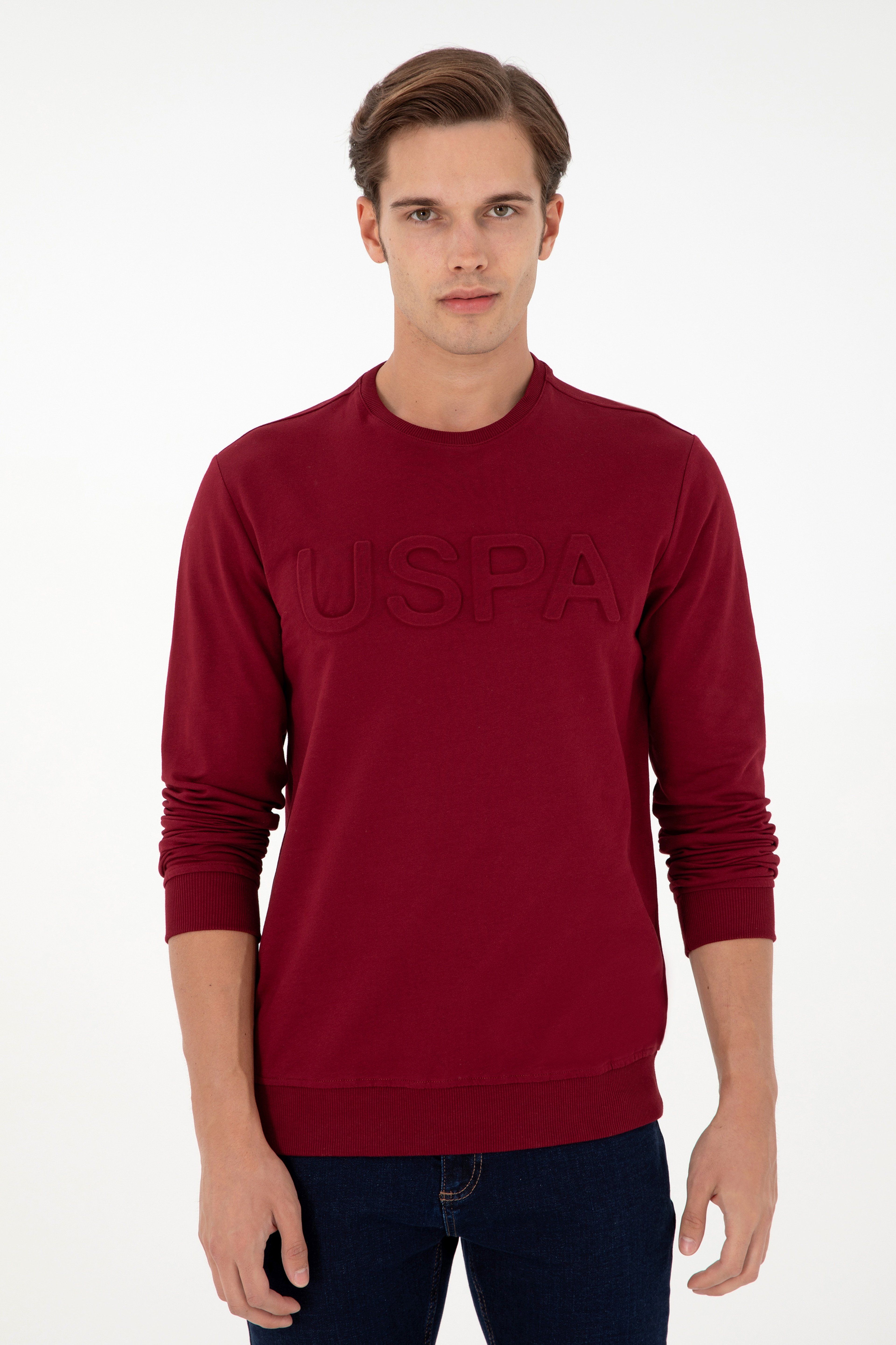 Erkek Regular Fit Bisiklet Yaka Bordo Basic Sweatshirt - Image 3