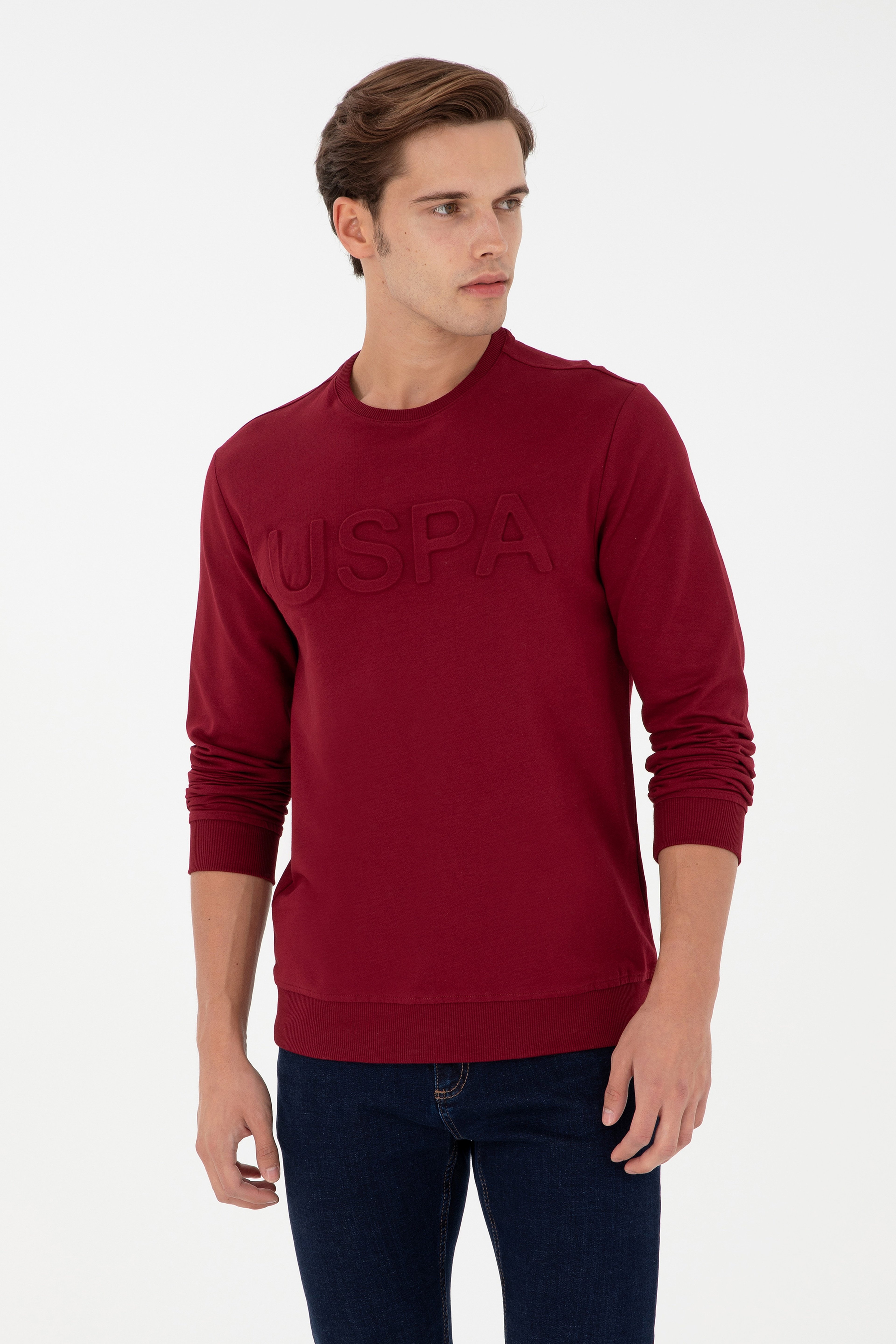 Erkek Regular Fit Bisiklet Yaka Bordo Basic Sweatshirt - Image 1