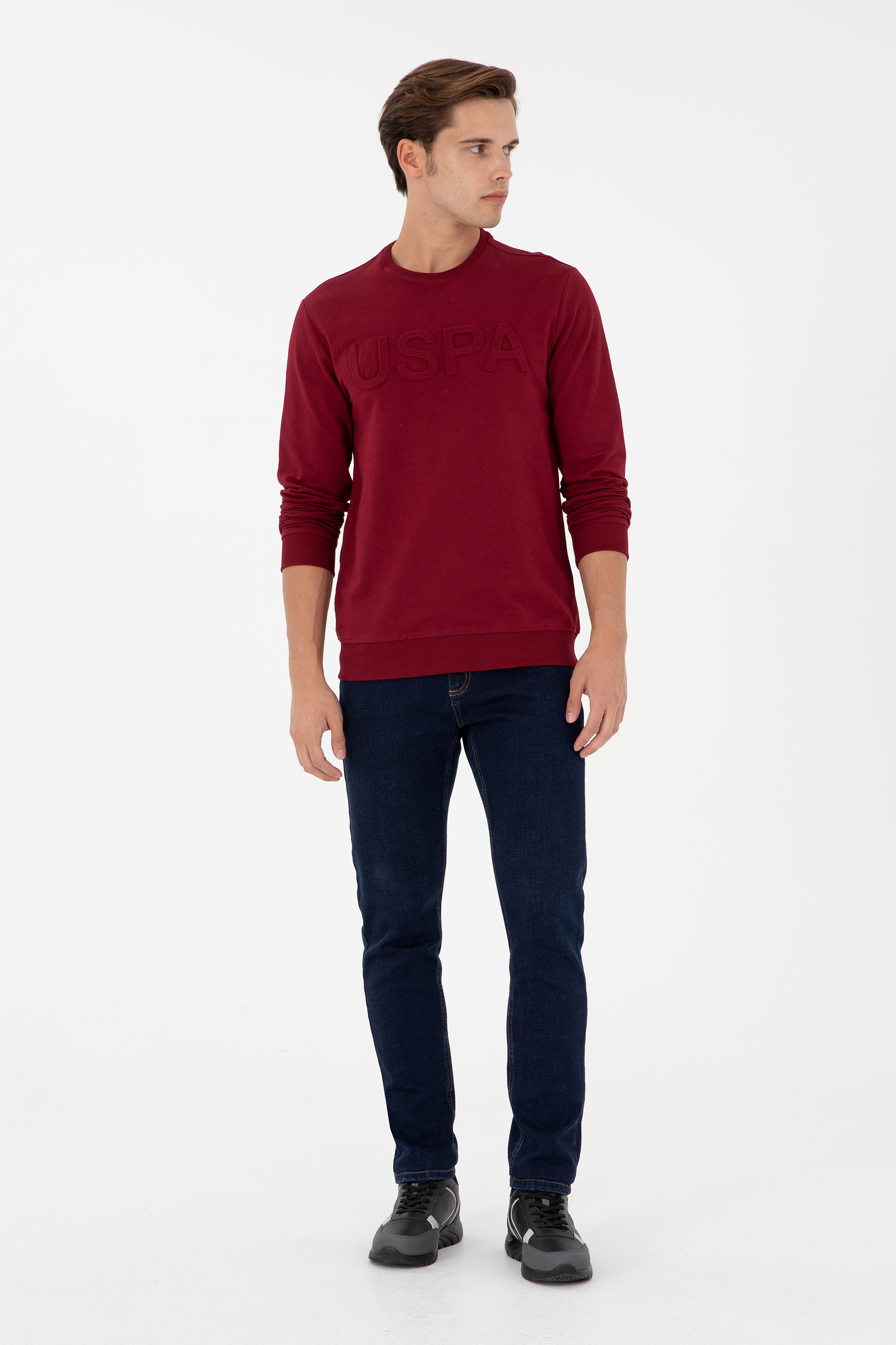 Erkek Regular Fit Bisiklet Yaka Bordo Basic Sweatshirt