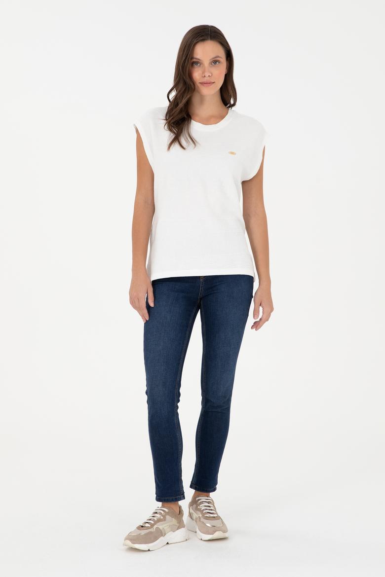 Kadın Ekru Bisiklet Yaka Tişört - 50281947006