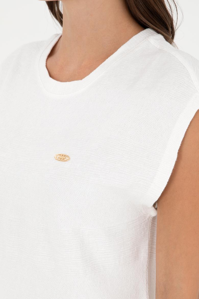 Kadın Ekru Bisiklet Yaka Tişört - 50281947006