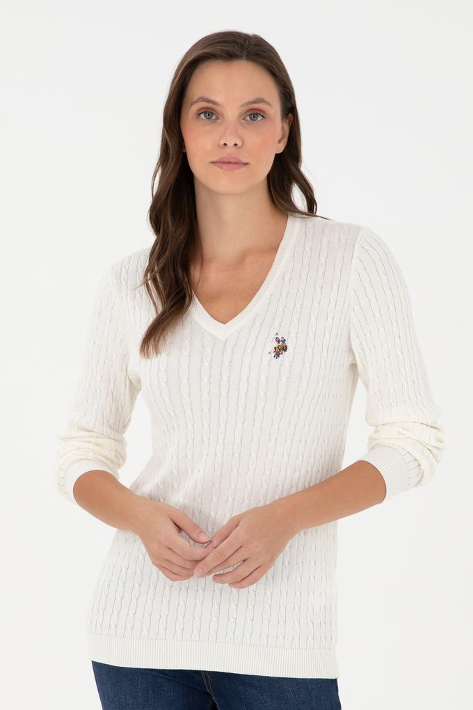Kadın Ekru Basic V Yaka Kazak