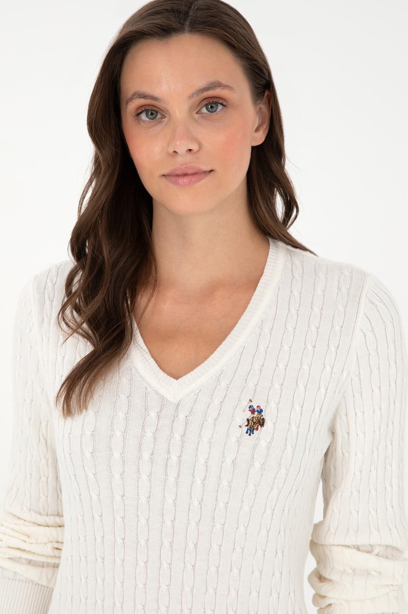 Kadın Ekru Basic V Yaka Kazak