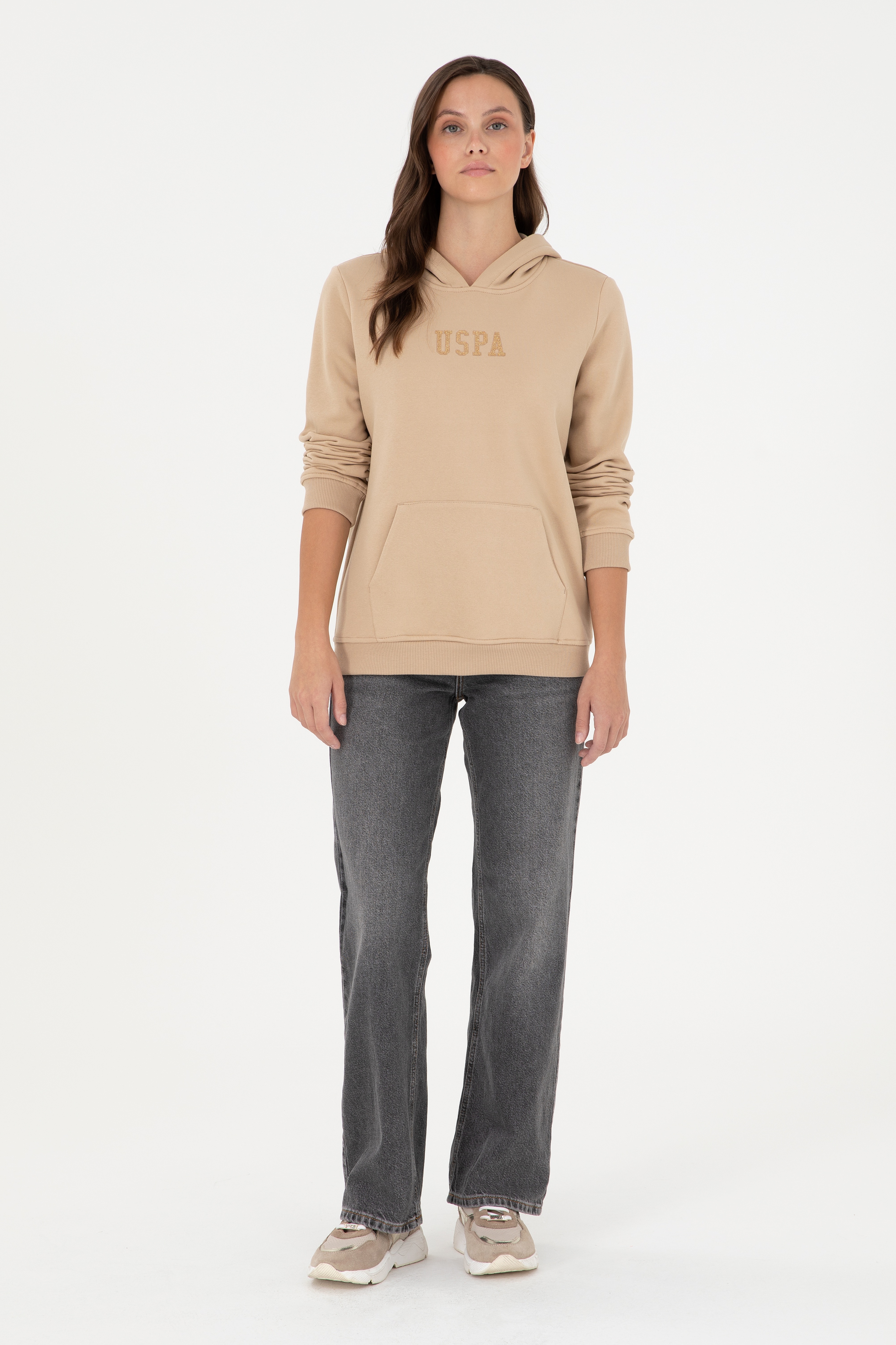 Kadın Kum Basic Kapüşonlu Sweatshirt