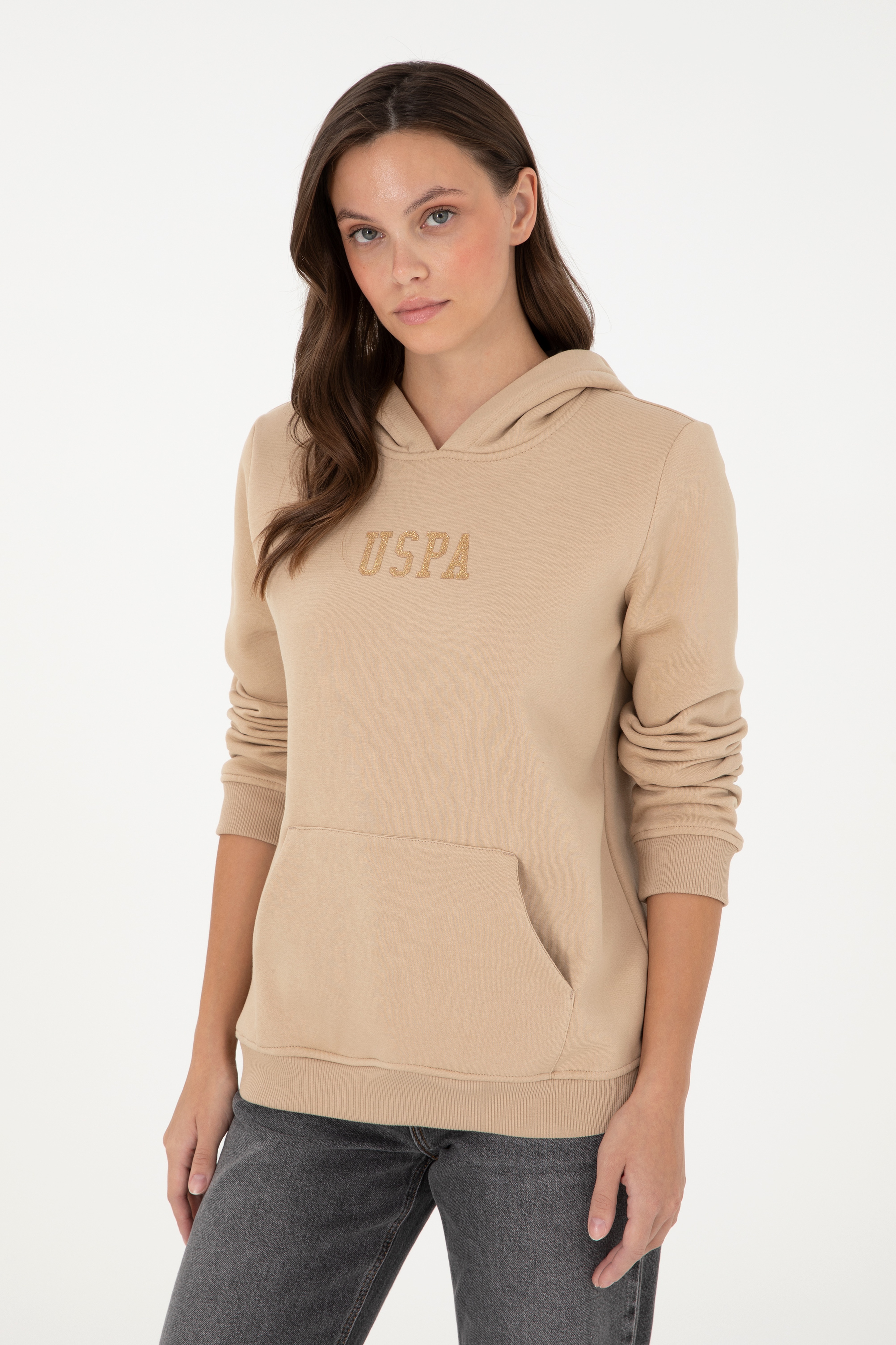 Kadın Kum Basic Kapüşonlu Sweatshirt - Image 3
