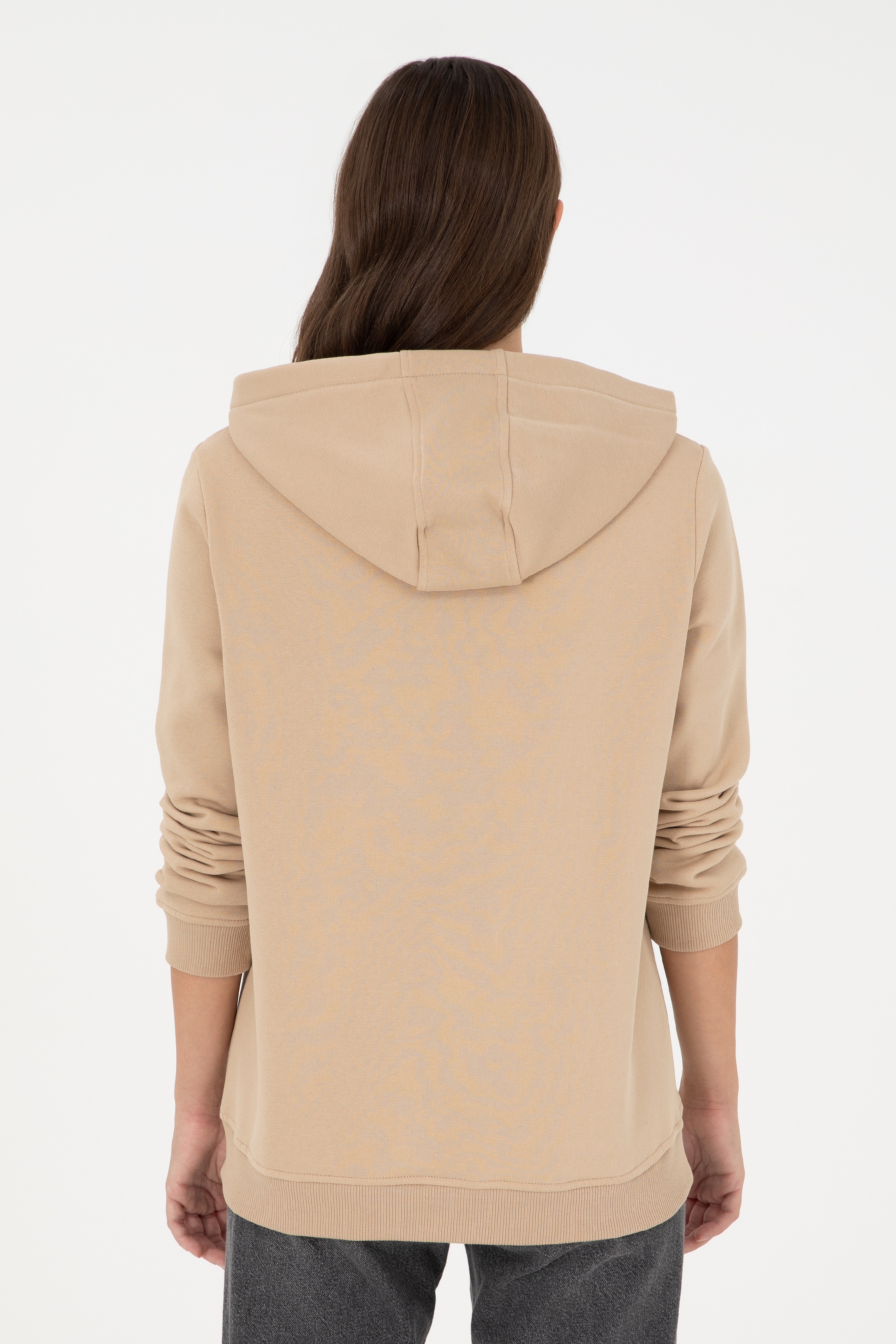 Kadın Kum Basic Kapüşonlu Sweatshirt - Image 5
