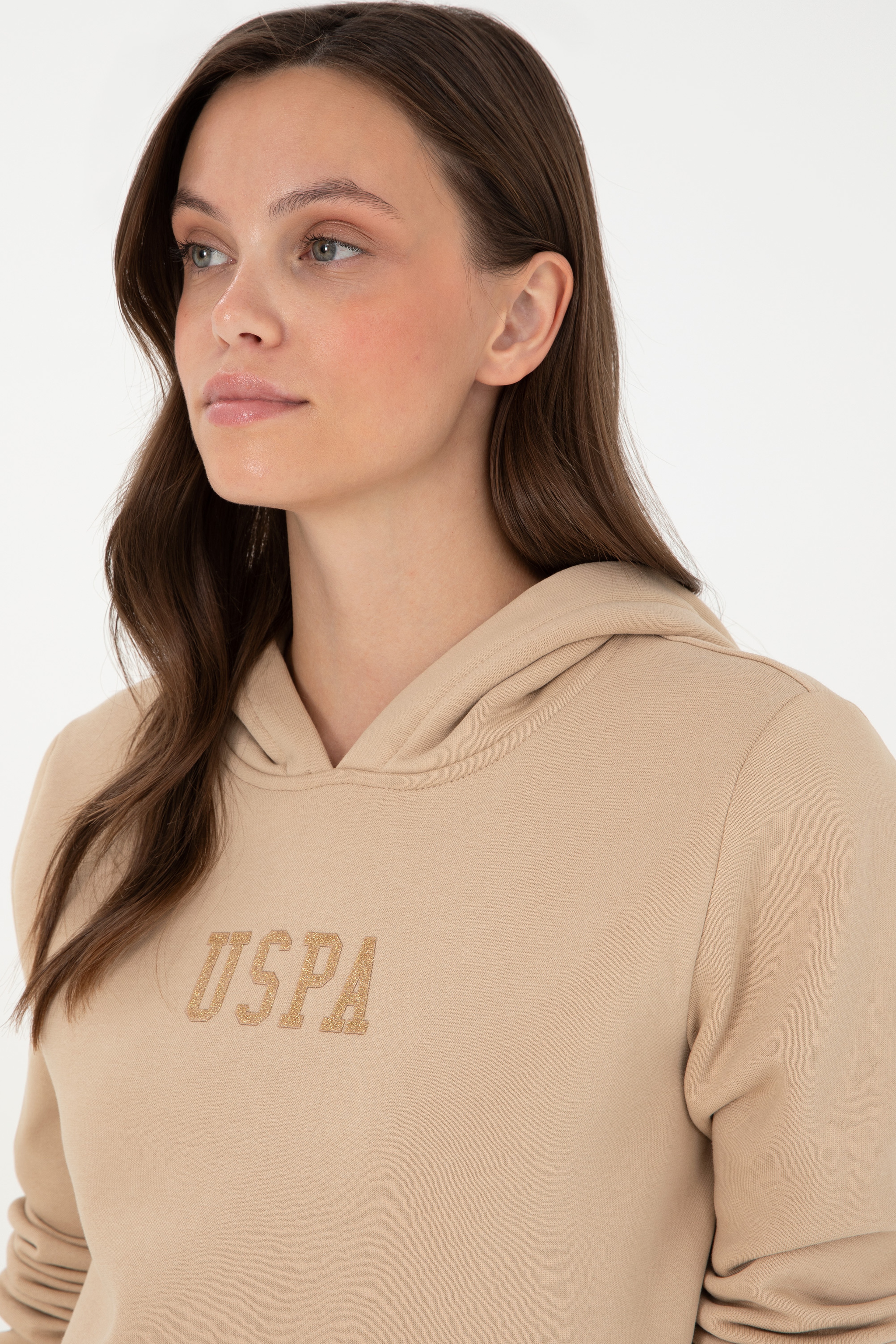 Kadın Kum Basic Kapüşonlu Sweatshirt - Image 2