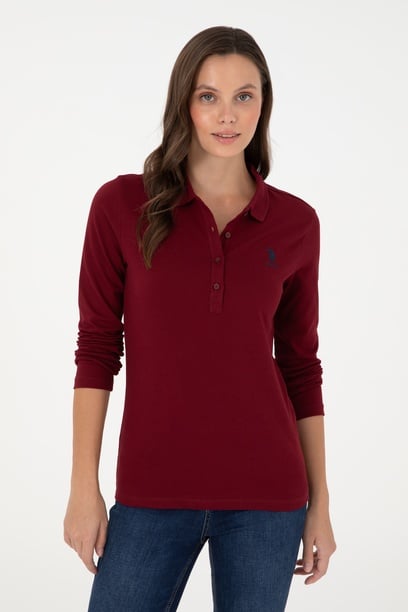 Kadın Bordo Basic Polo Yaka Sweatshirt