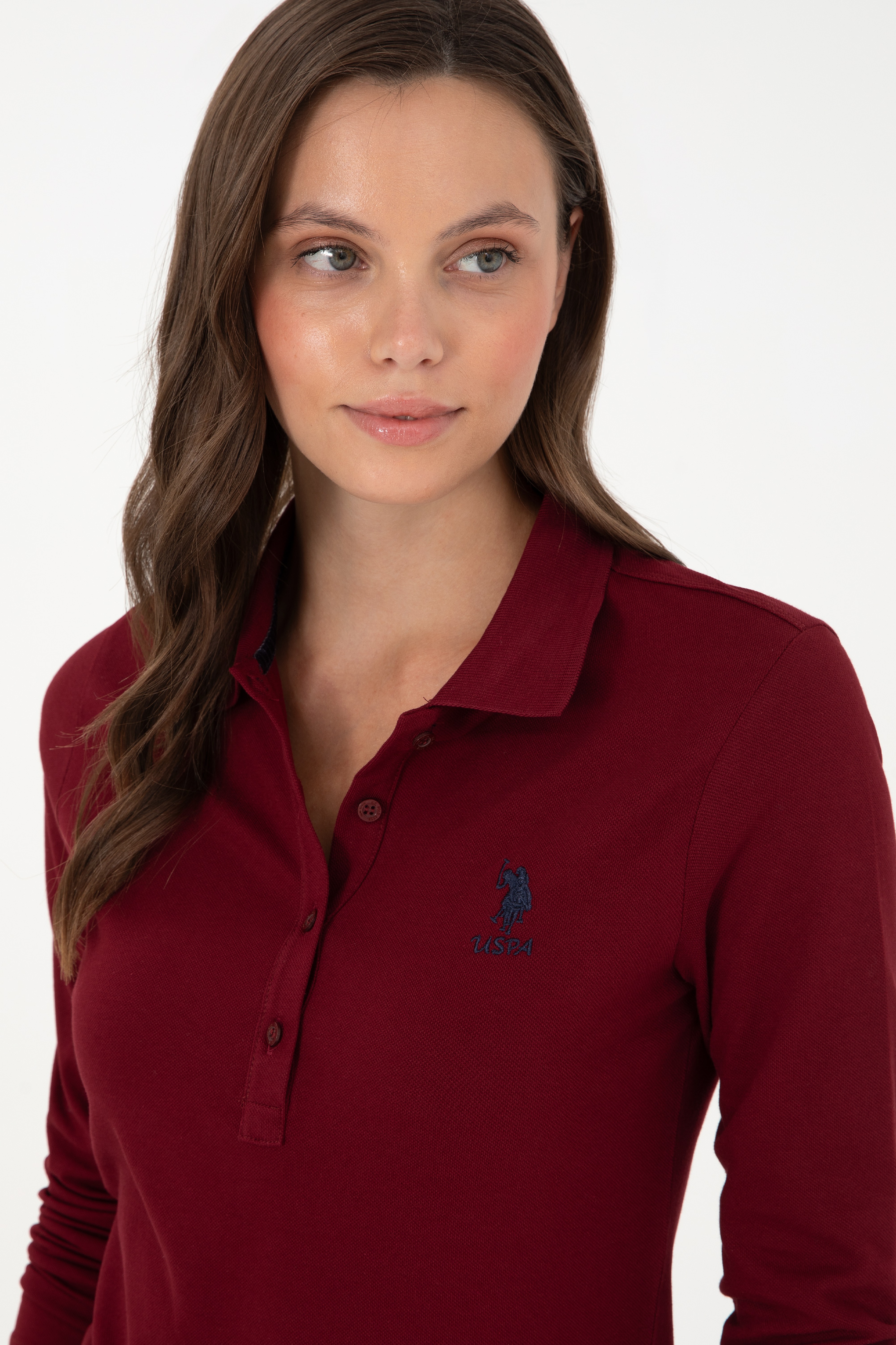 Kadın Bordo Basic Polo Yaka Sweatshirt - Image 2