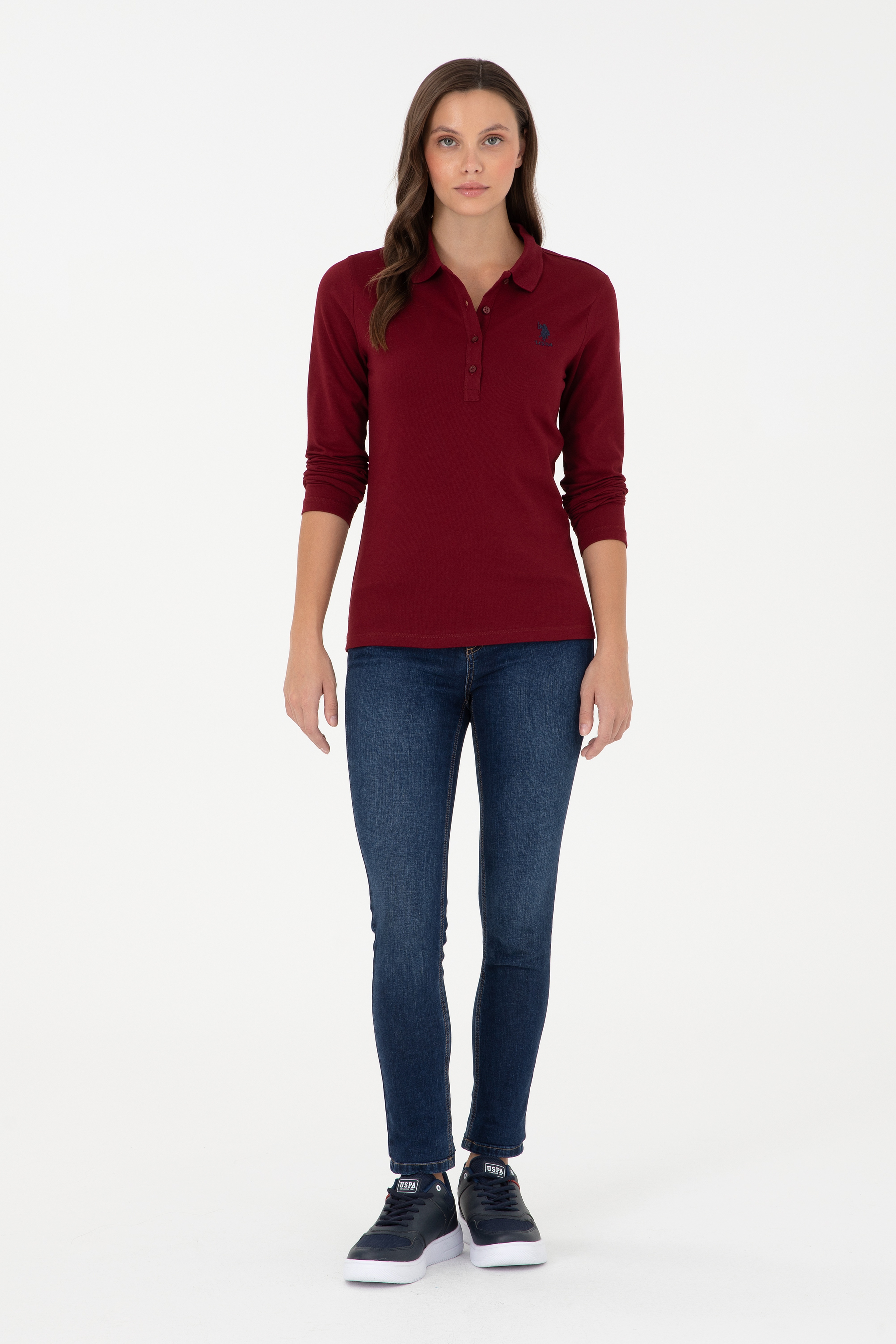 Kadın Bordo Basic Polo Yaka Sweatshirt - Image 4