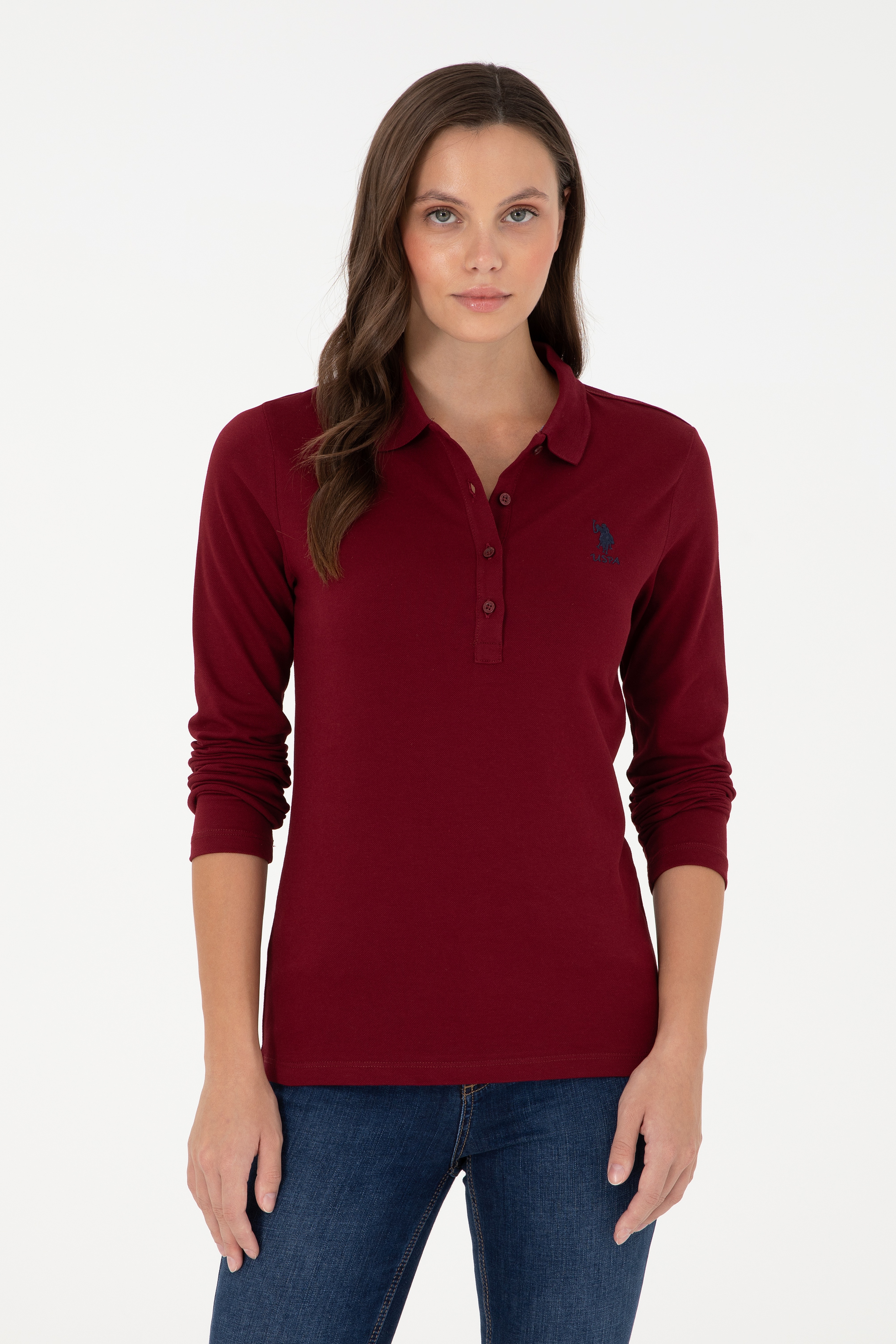 Kadın Bordo Basic Polo Yaka Sweatshirt - Image 1