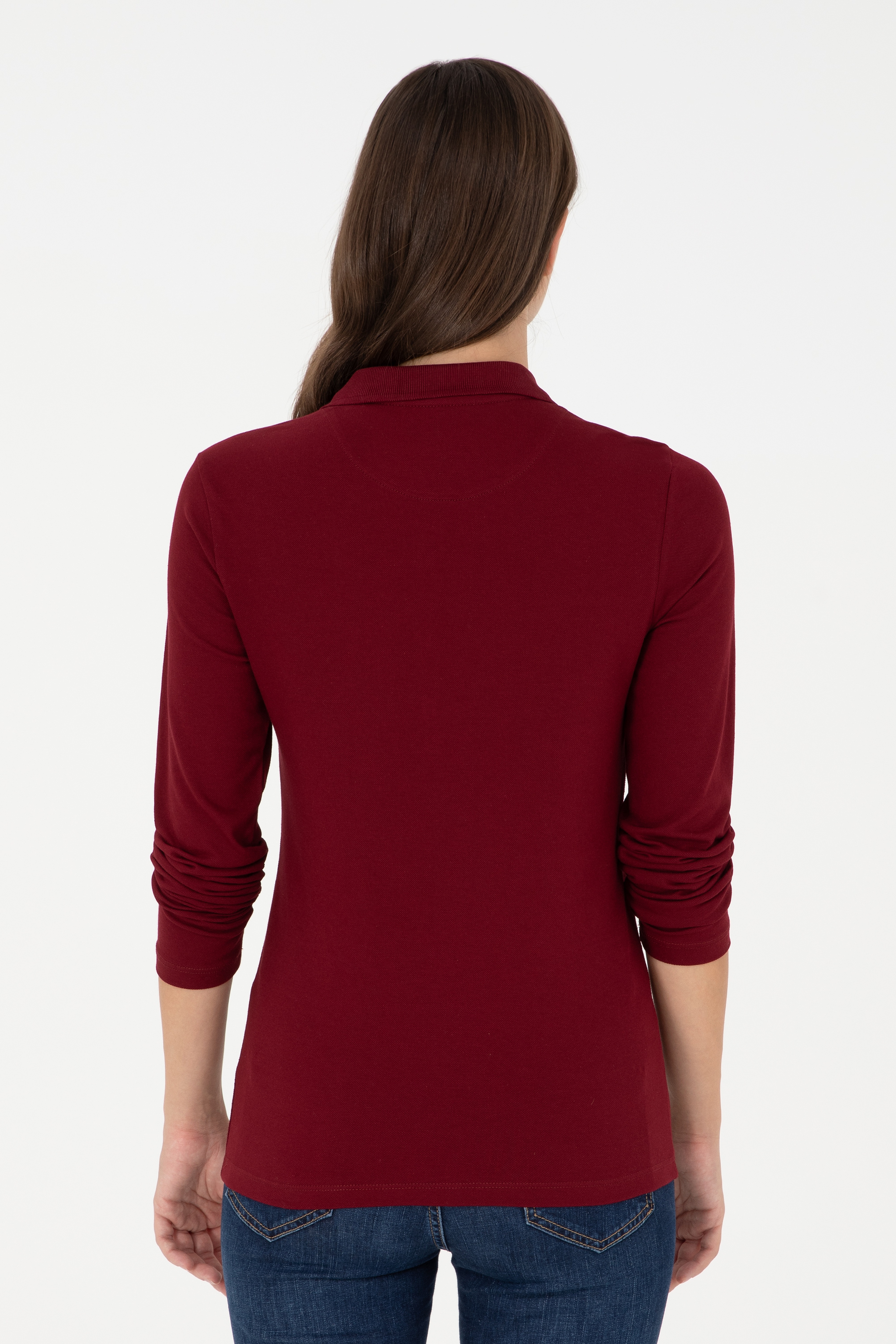 Kadın Bordo Basic Polo Yaka Sweatshirt - Image 5
