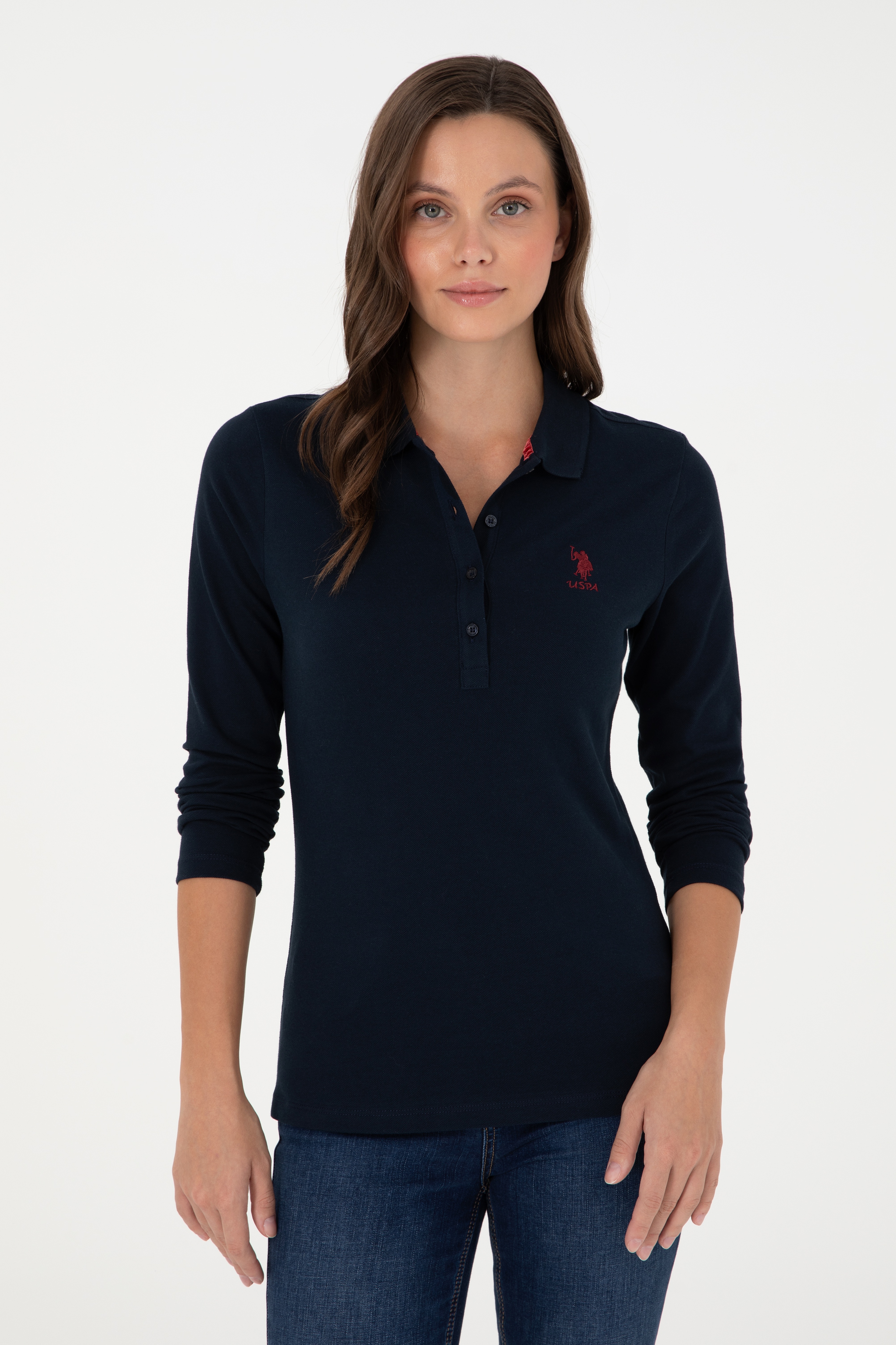 Kadın Lacivert Basic Polo Yaka Sweatshirt - Image 3