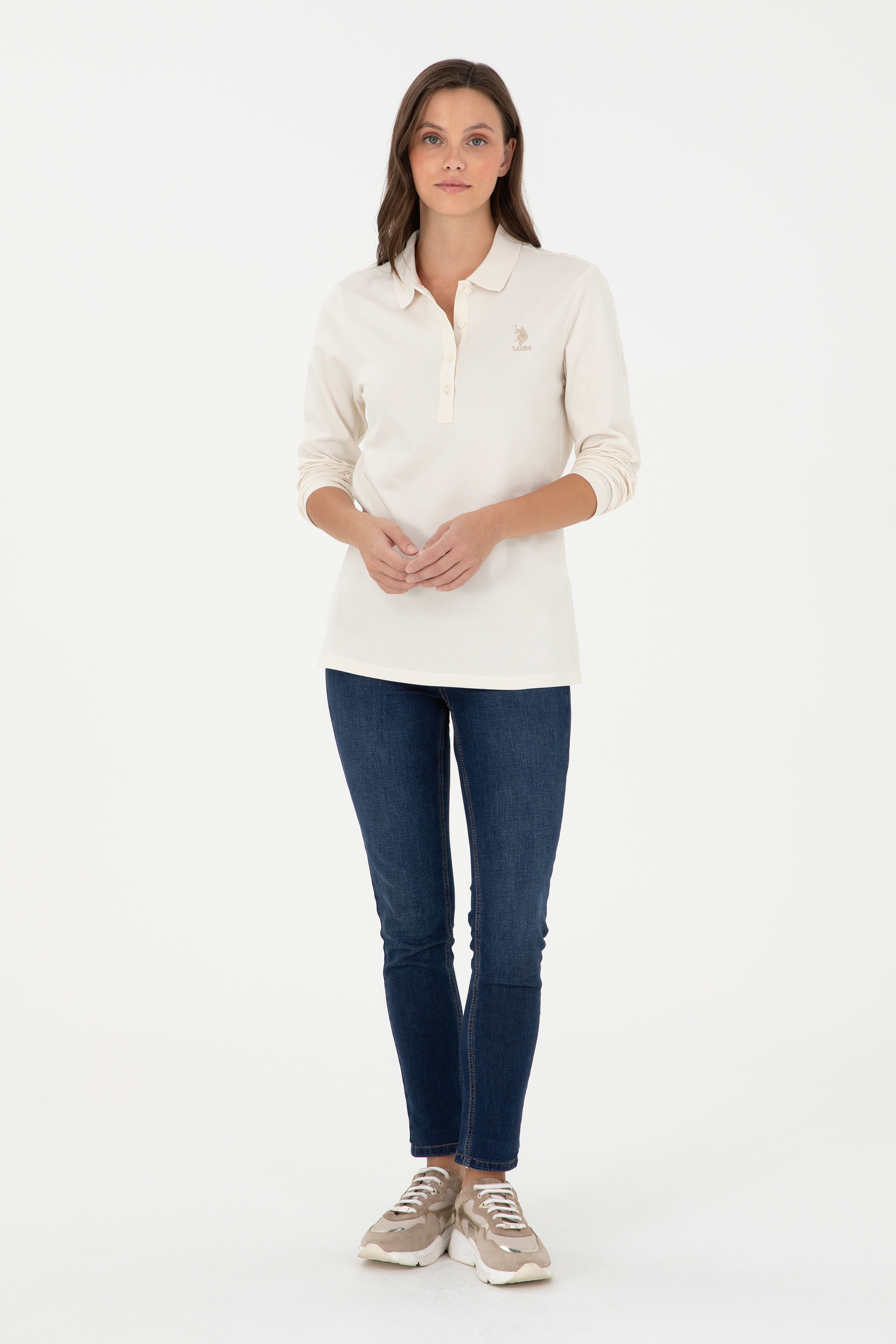 Kadın Krem Basic Polo Yaka Sweatshirt - Image 4