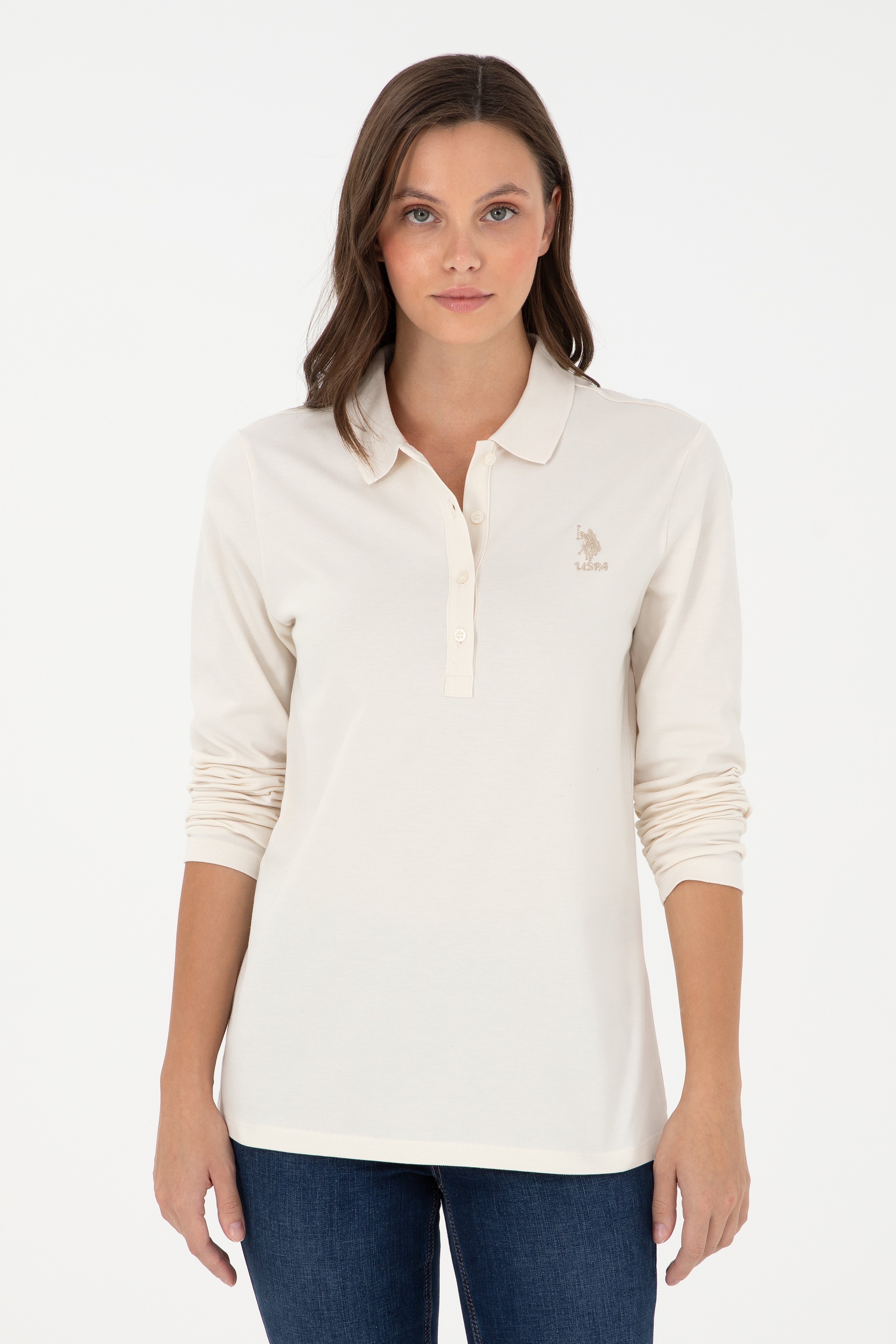 Kadın Krem Basic Polo Yaka Sweatshirt - Image 1