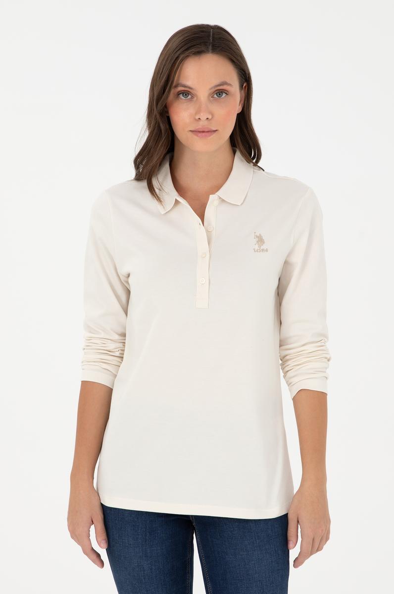 Kadın Krem Basic Polo Yaka Sweatshirt