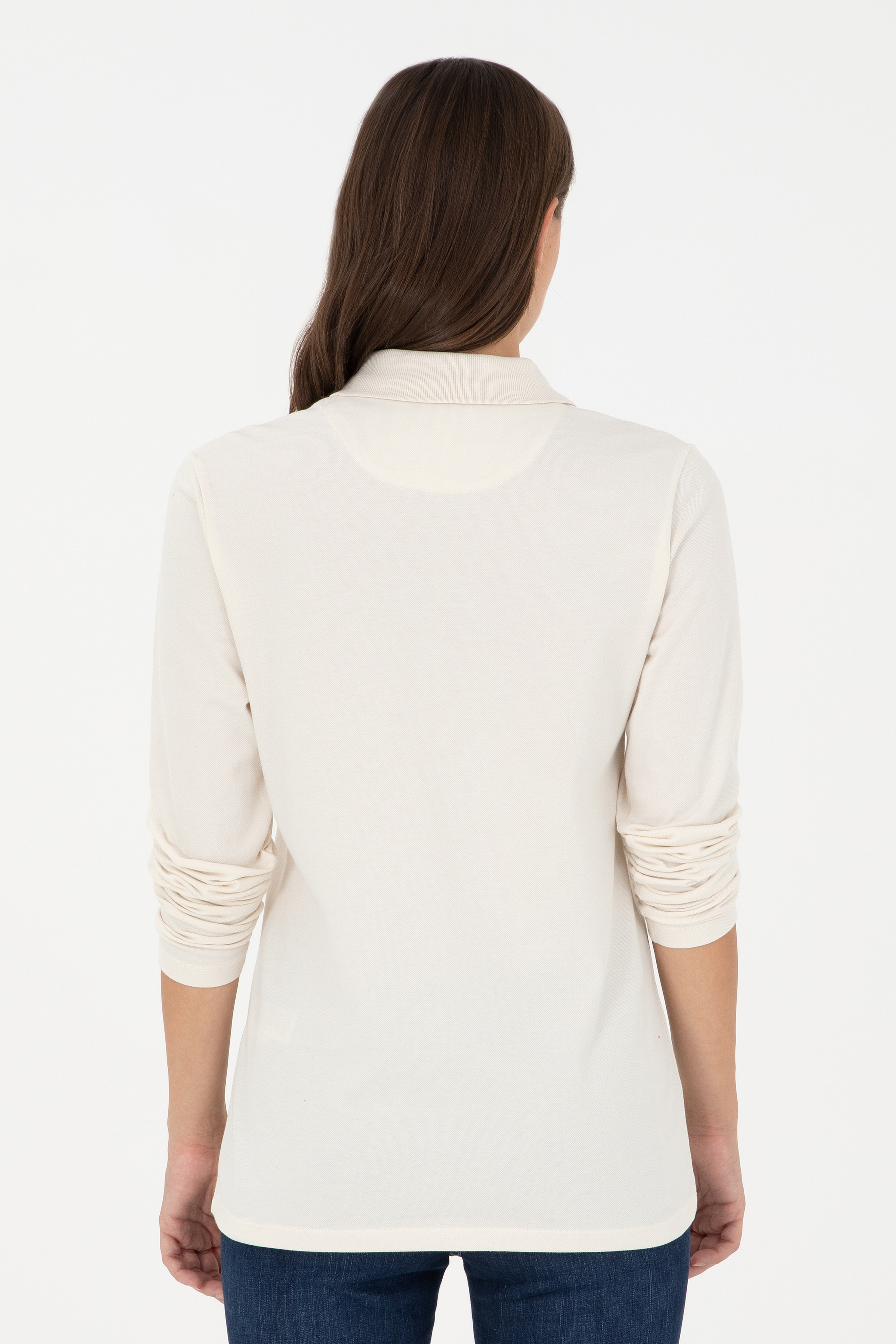 Kadın Krem Basic Polo Yaka Sweatshirt - Image 5
