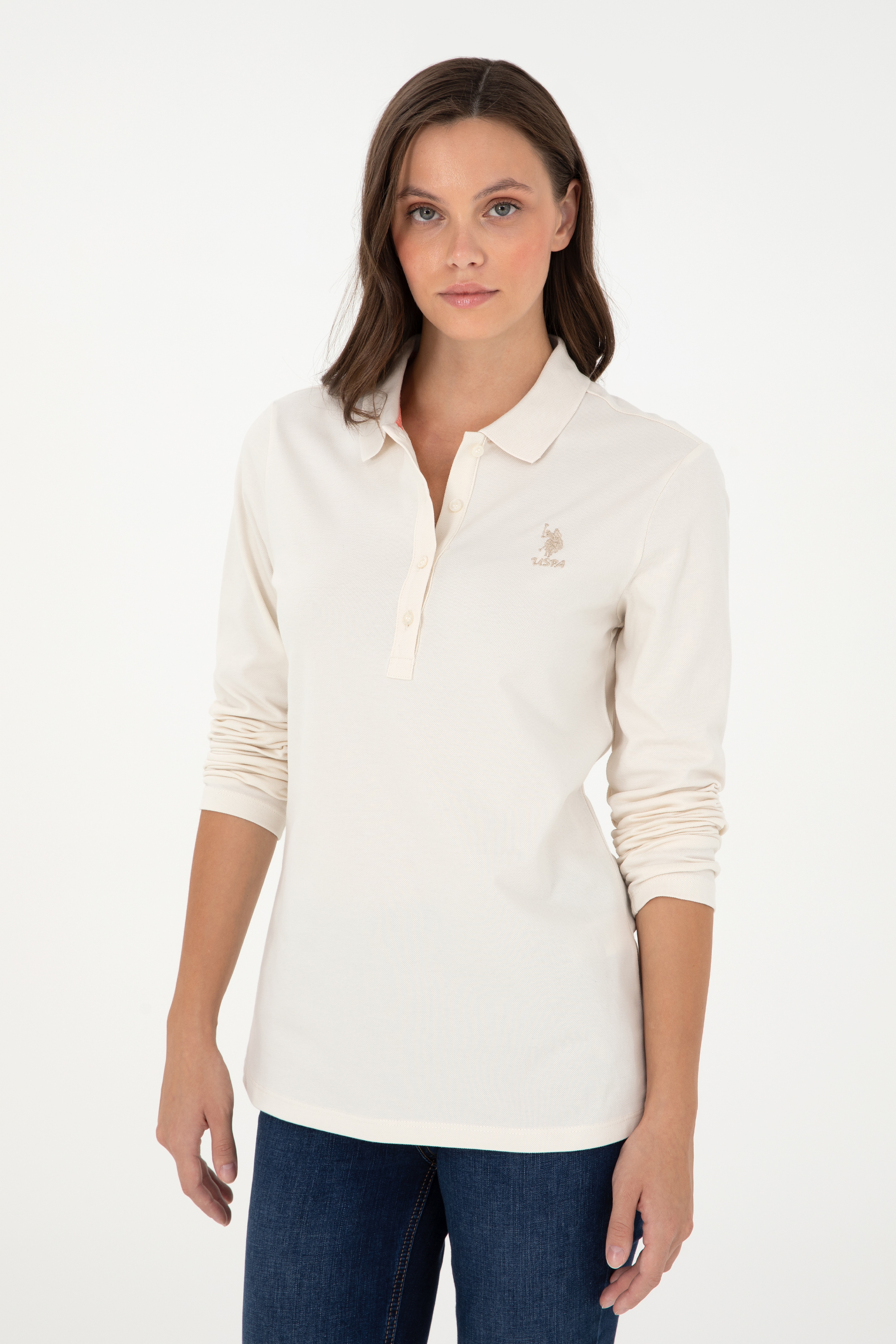 Kadın Krem Basic Polo Yaka Sweatshirt - Image 3