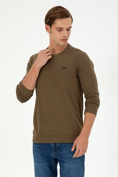 Erkek Regular Fit Bisiklet Yaka Haki Sweatshirt