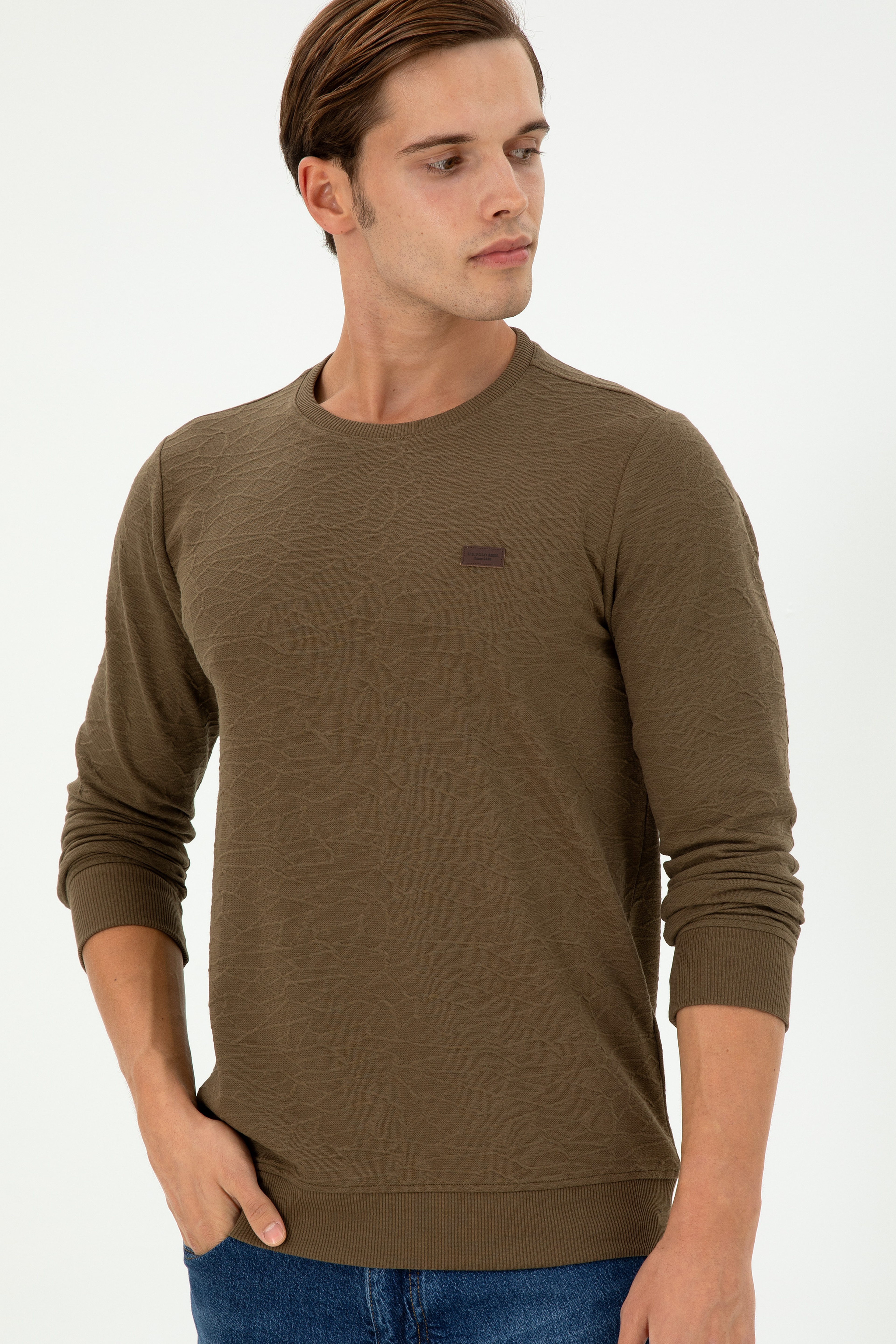 Erkek Regular Fit Bisiklet Yaka Haki Sweatshirt - Image 3