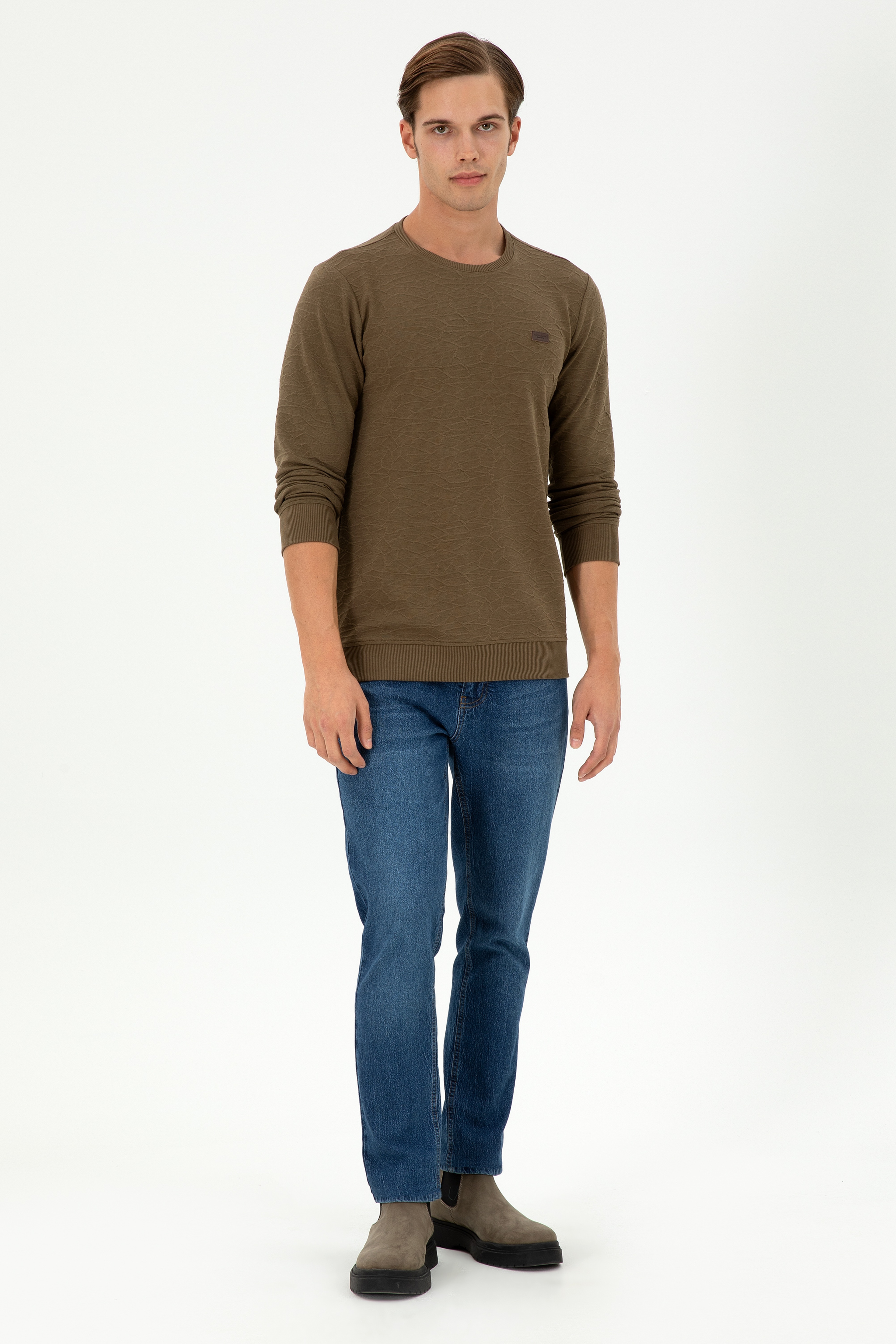 Erkek Regular Fit Bisiklet Yaka Haki Sweatshirt