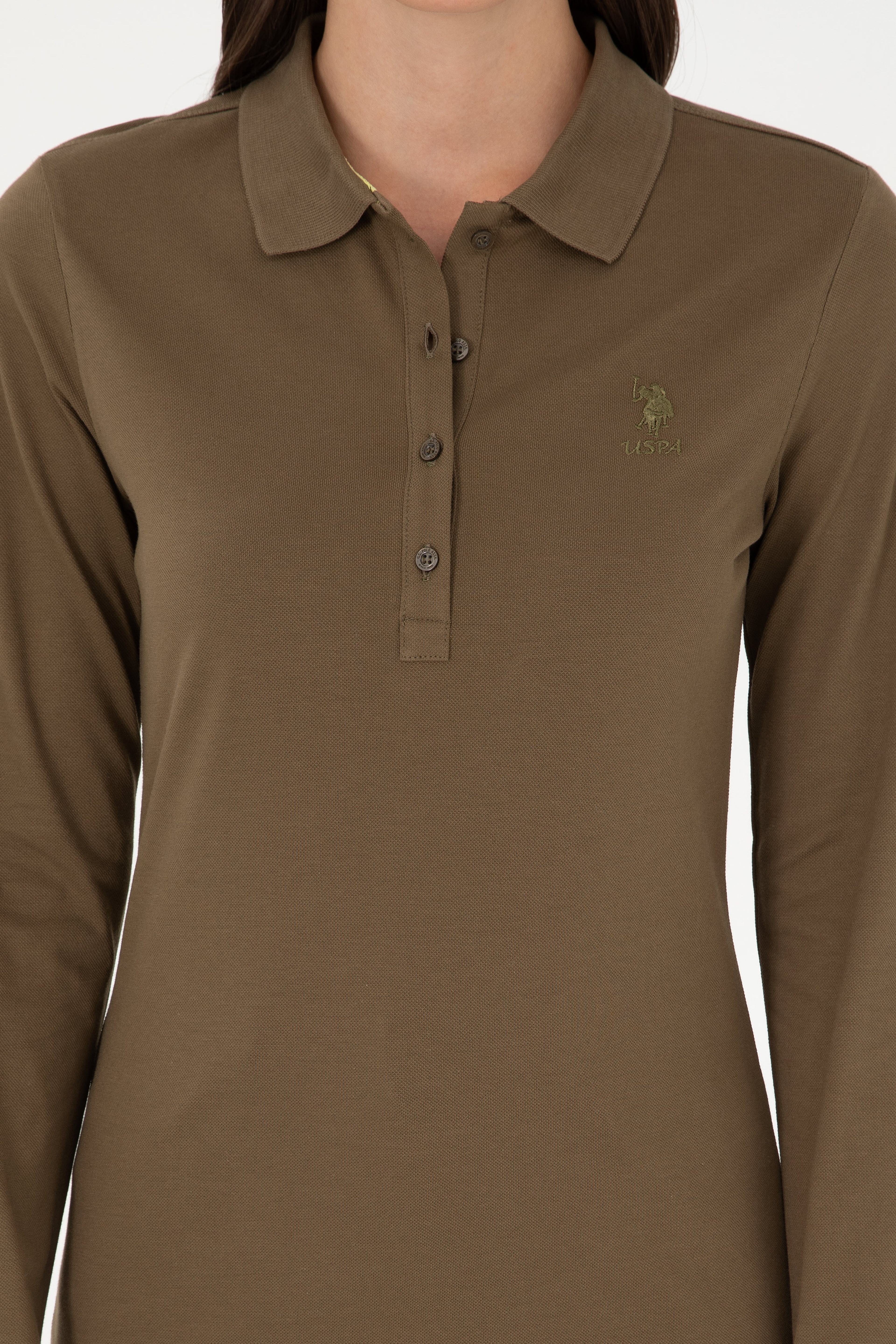 Kadın Haki Basic Polo Yaka Sweatshirt