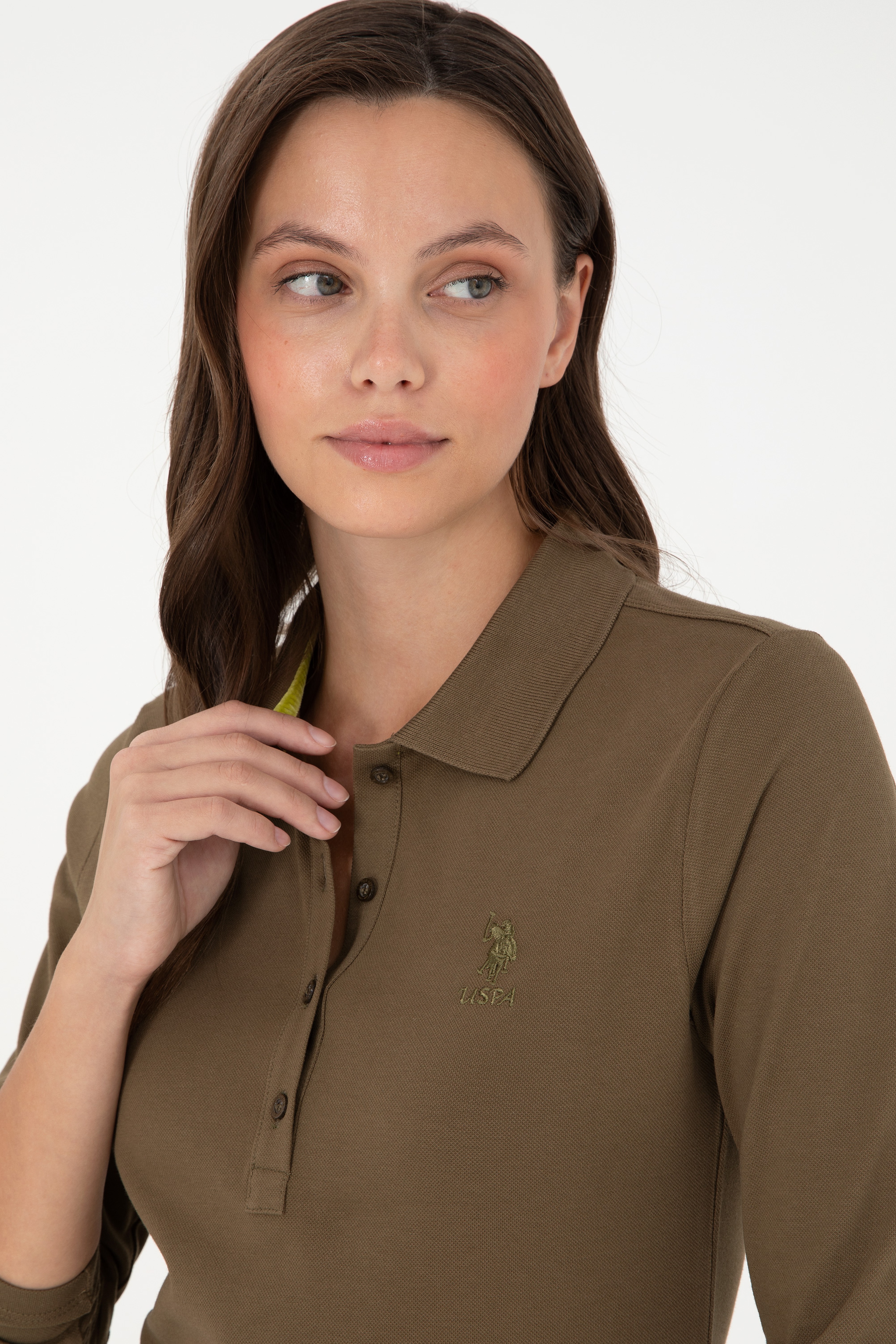 Kadın Haki Basic Polo Yaka Sweatshirt - Image 2