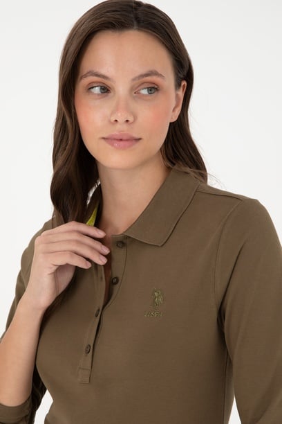 Kadın Haki Basic Polo Yaka Sweatshirt