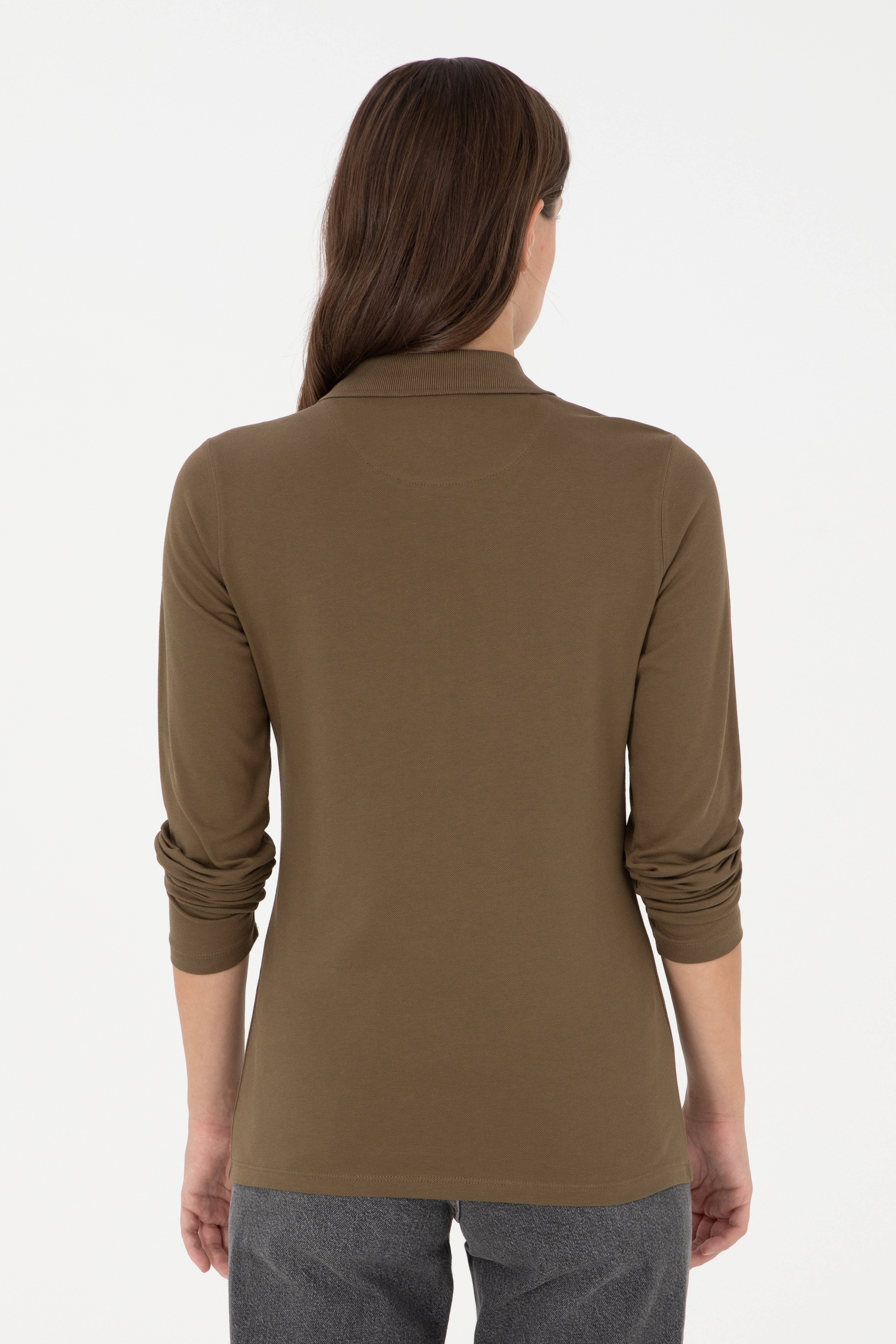 Kadın Haki Basic Polo Yaka Sweatshirt - Image 5