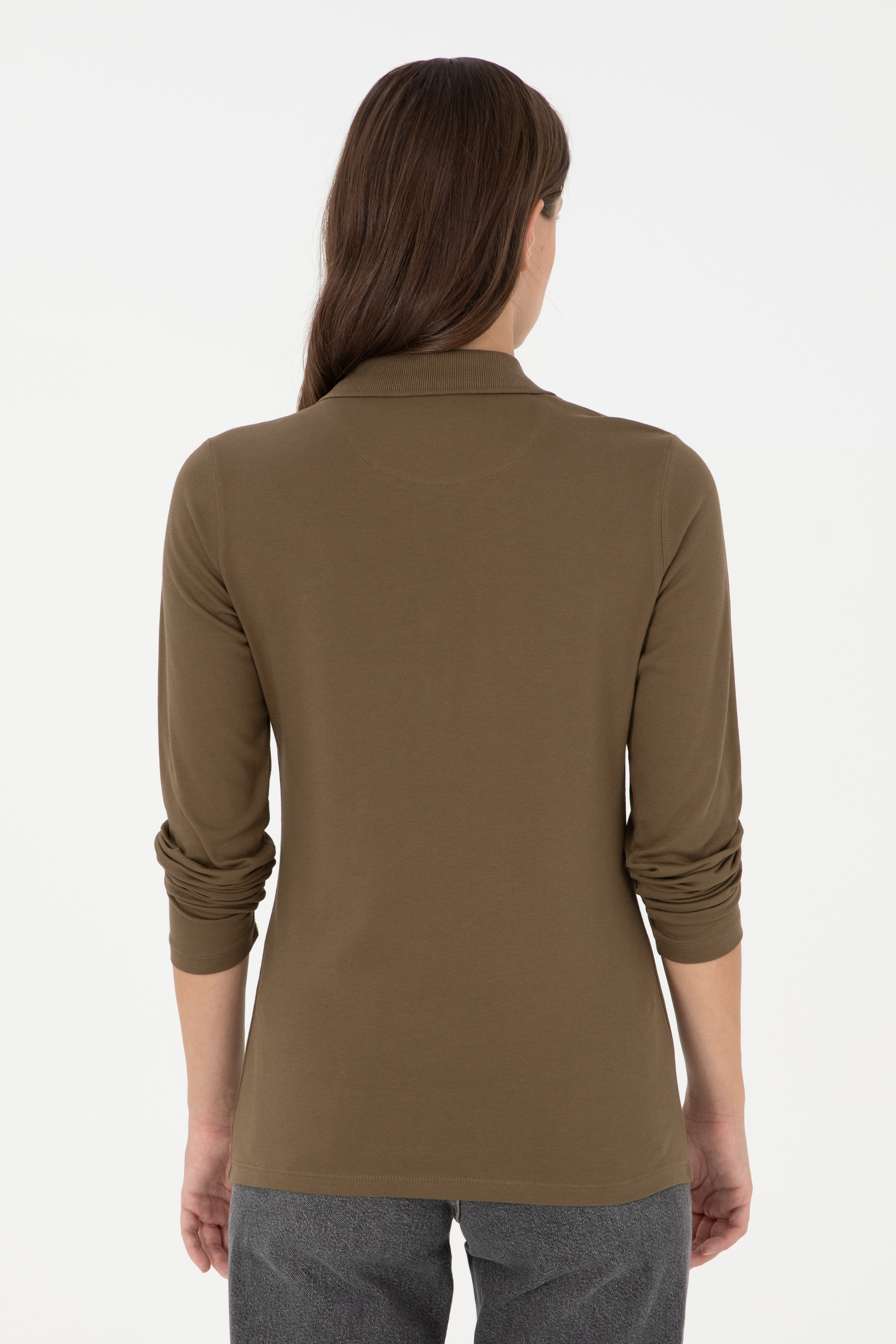 Kadın Haki Basic Polo Yaka Sweatshirt