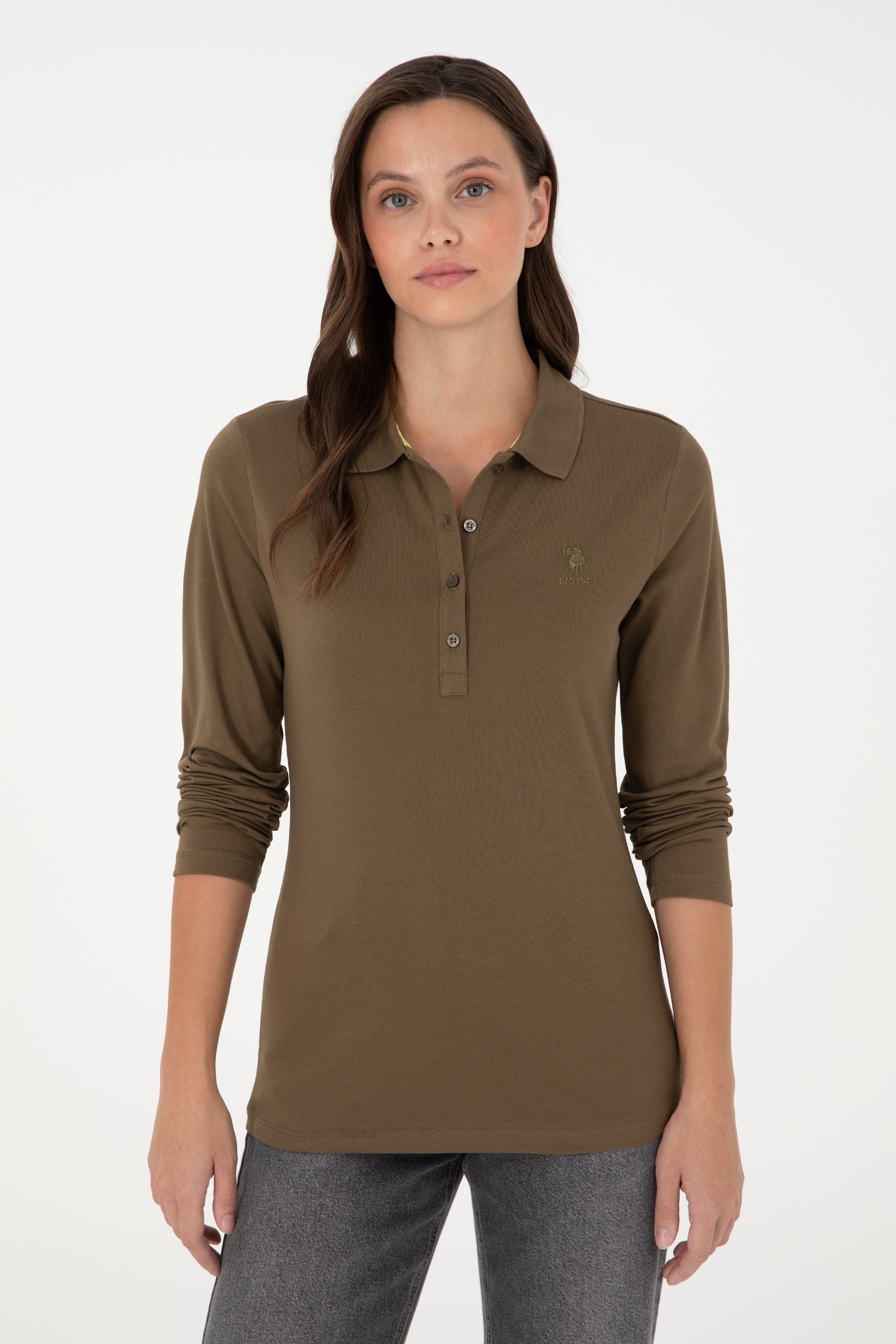 Kadın Haki Basic Polo Yaka Sweatshirt - Image 3