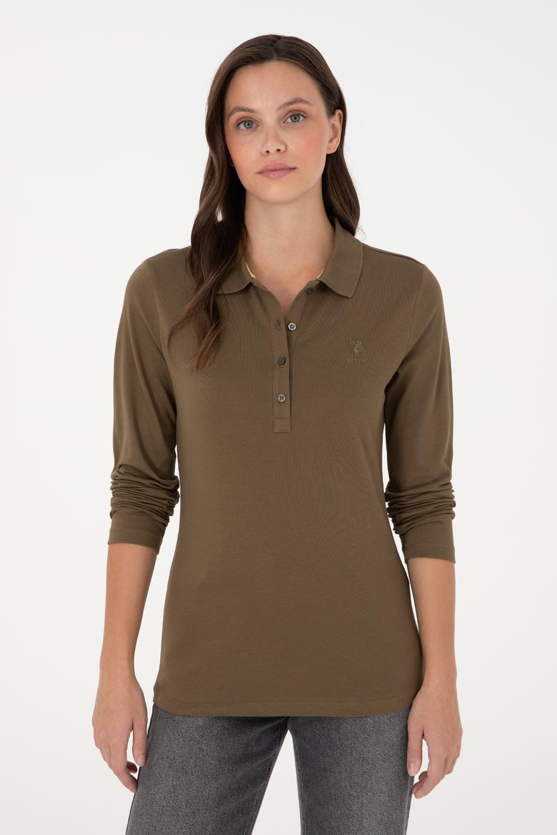 Kadın Haki Basic Polo Yaka Sweatshirt - 50289541117