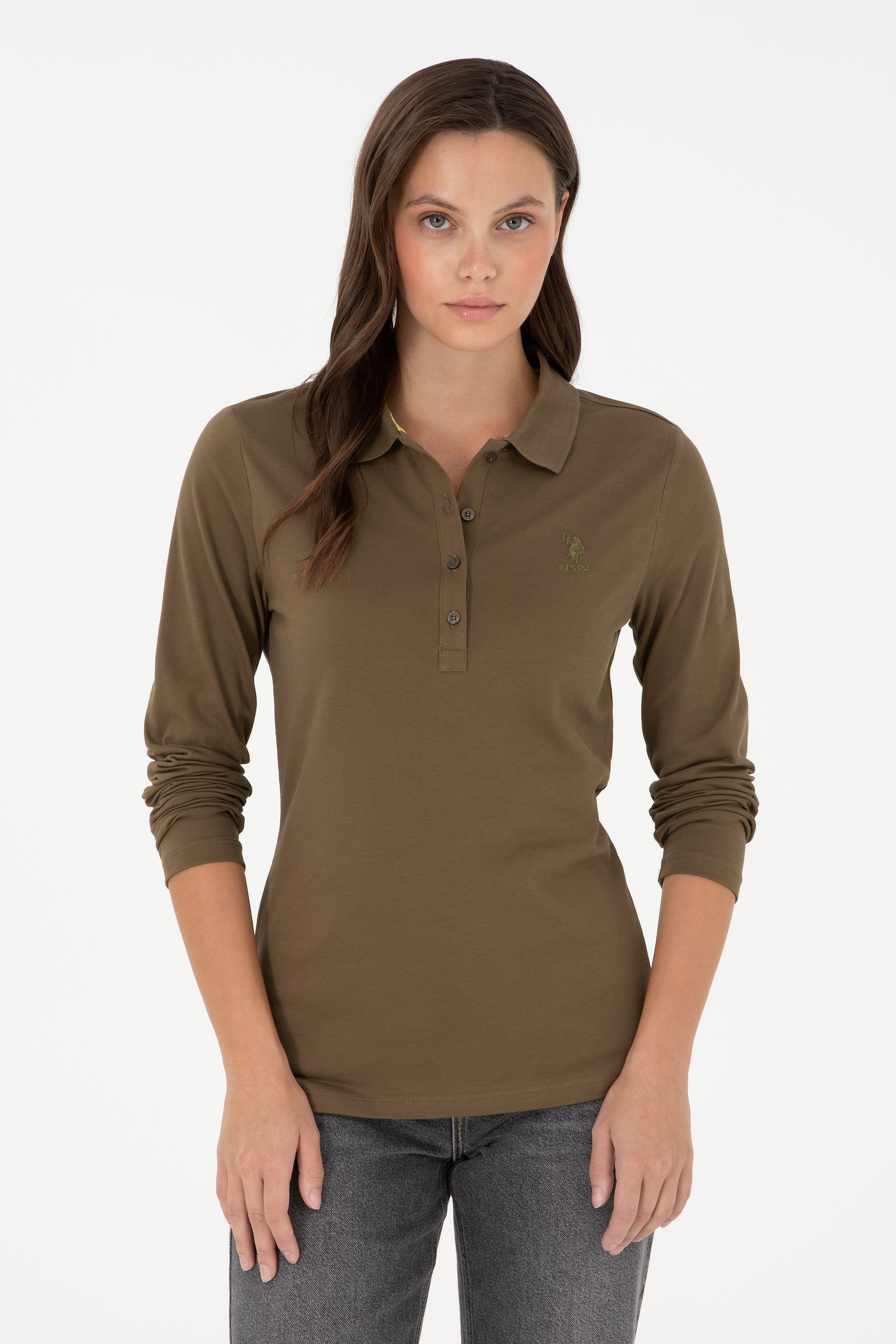 Kadın Haki Basic Polo Yaka Sweatshirt