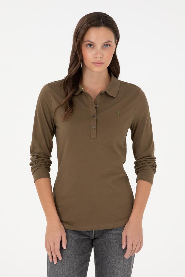 Kadın Haki Basic Polo Yaka Sweatshirt